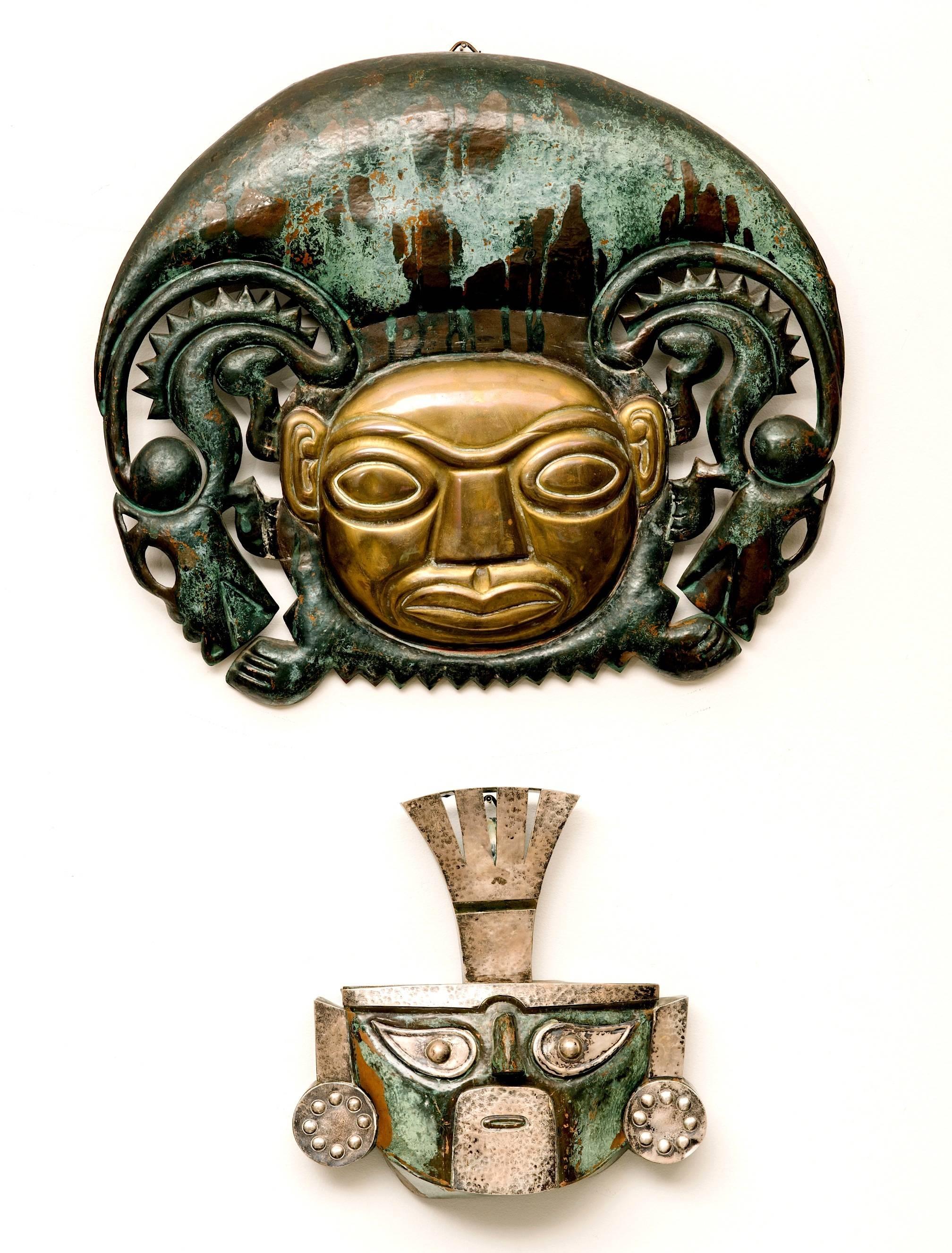 Silver Pair of Peruvian Mask Sculptures Attributed to Graziella Laffi 