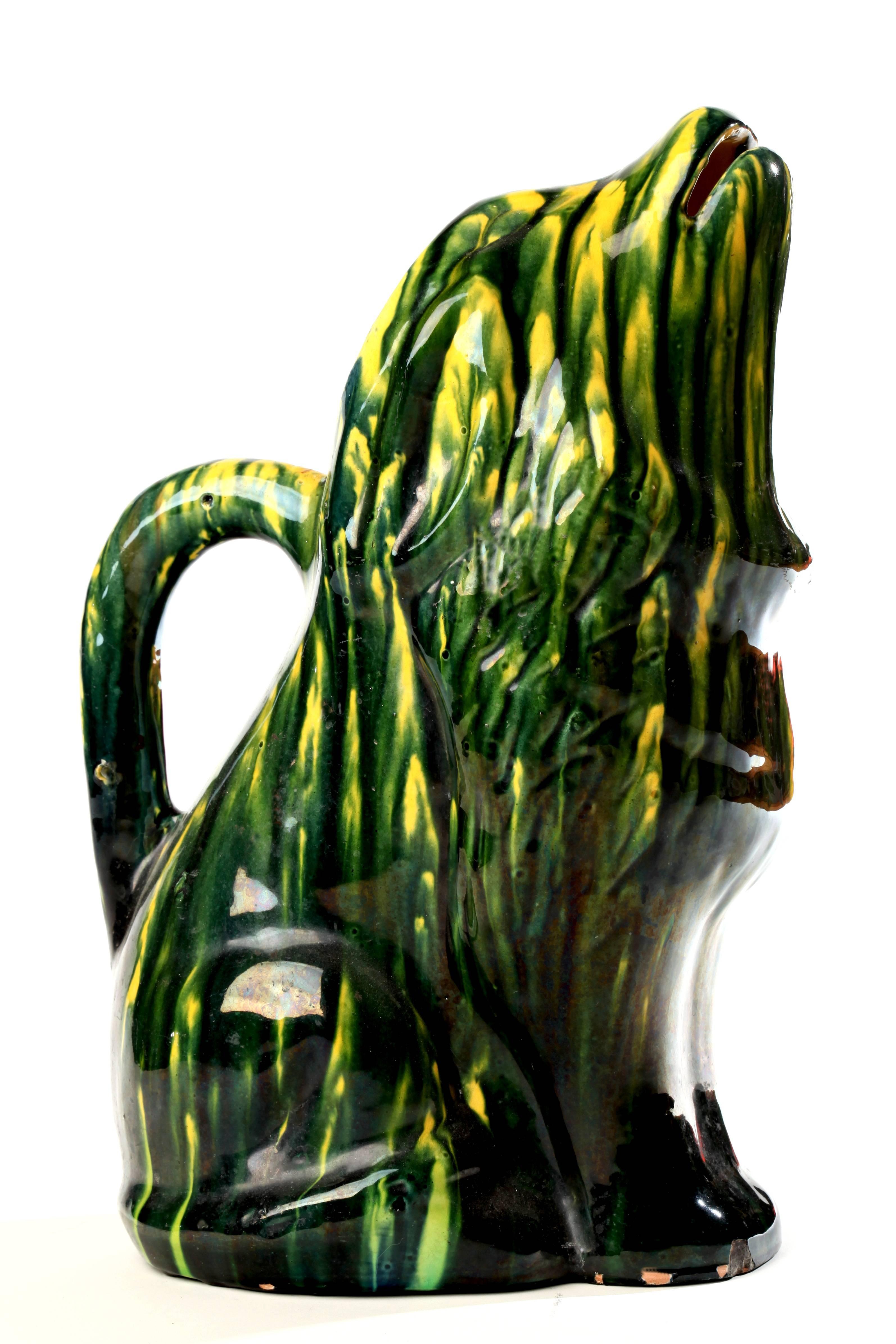 English Majolica Green and Yellow Glaze Dog Pitcher For Sale