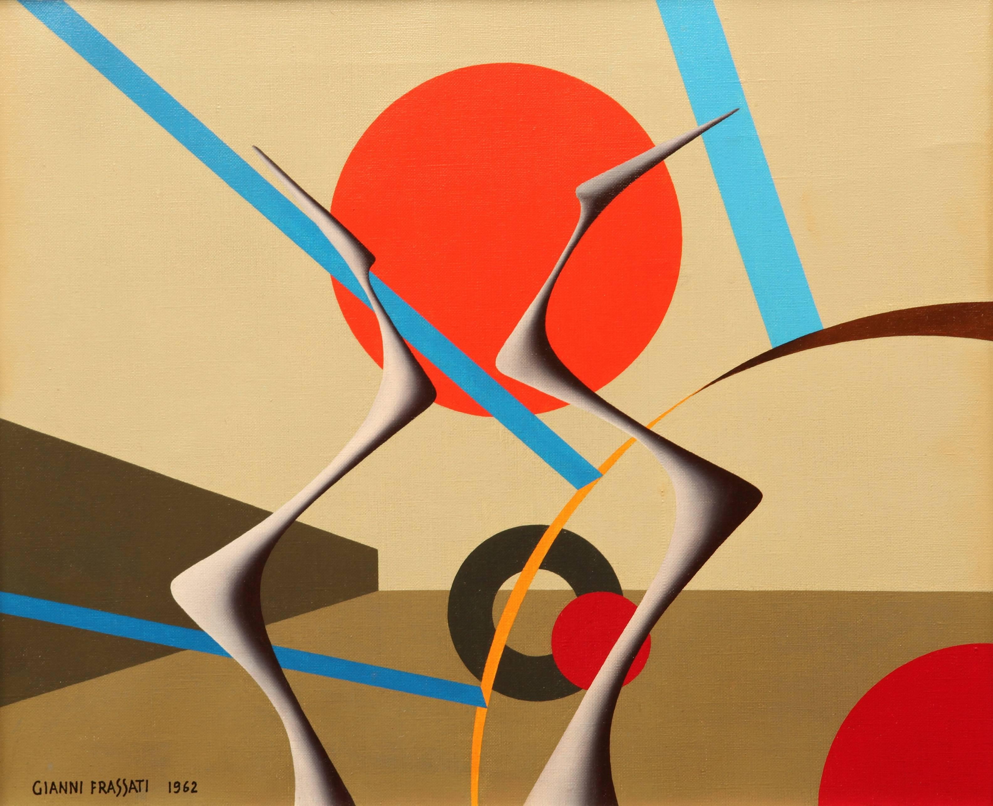 Superbe peinture abstraite géométrique de l'artiste italien Gianni Frassati (1924). La plupart de ses œuvres représentent ces paysages surréalistes complexes avec des espaces planaires géométriques en trois dimensions dans des couleurs primaires.