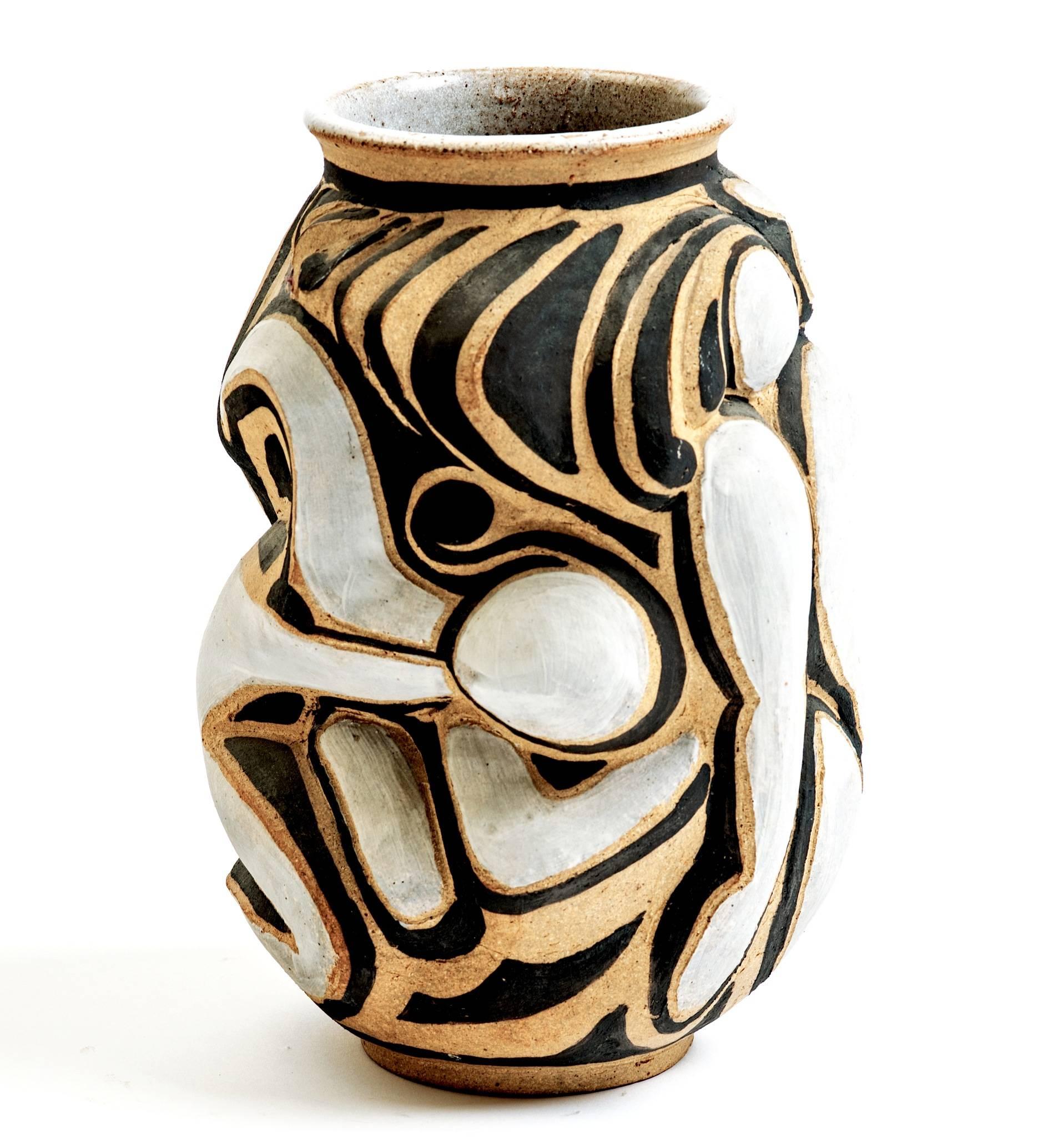 Hand-Carved Figural Sculptural Stoneware Vase