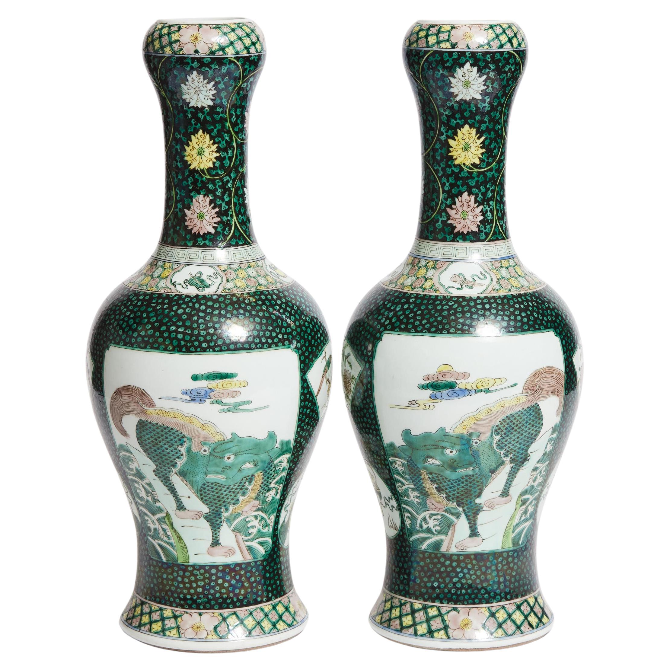 20th Century Chinese Pair of Famille Noire Garlic-Mouth Vases, Kangxi Mark