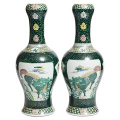 20th Century Chinese Pair of Famille Noire Garlic-Mouth Vases, Kangxi Mark