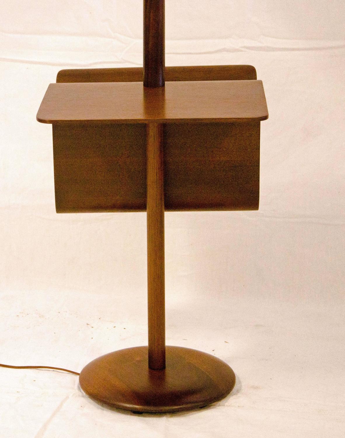 MidCentury Walnut Floor Lamp with Bent Ply Table and Magazine Rack at