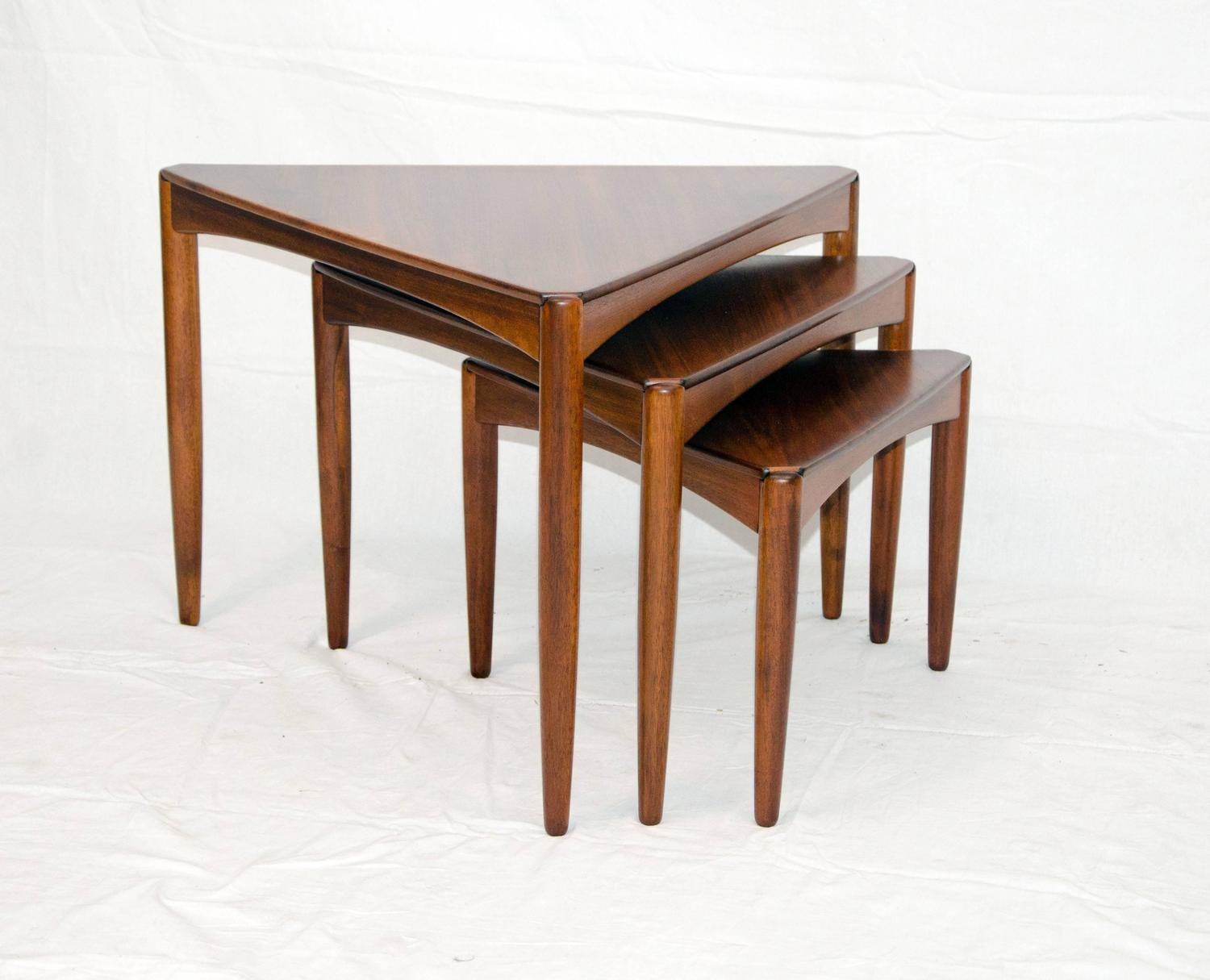 Set of Three MidCentury Walnut Triangular Nesting Tables at 1stdibs