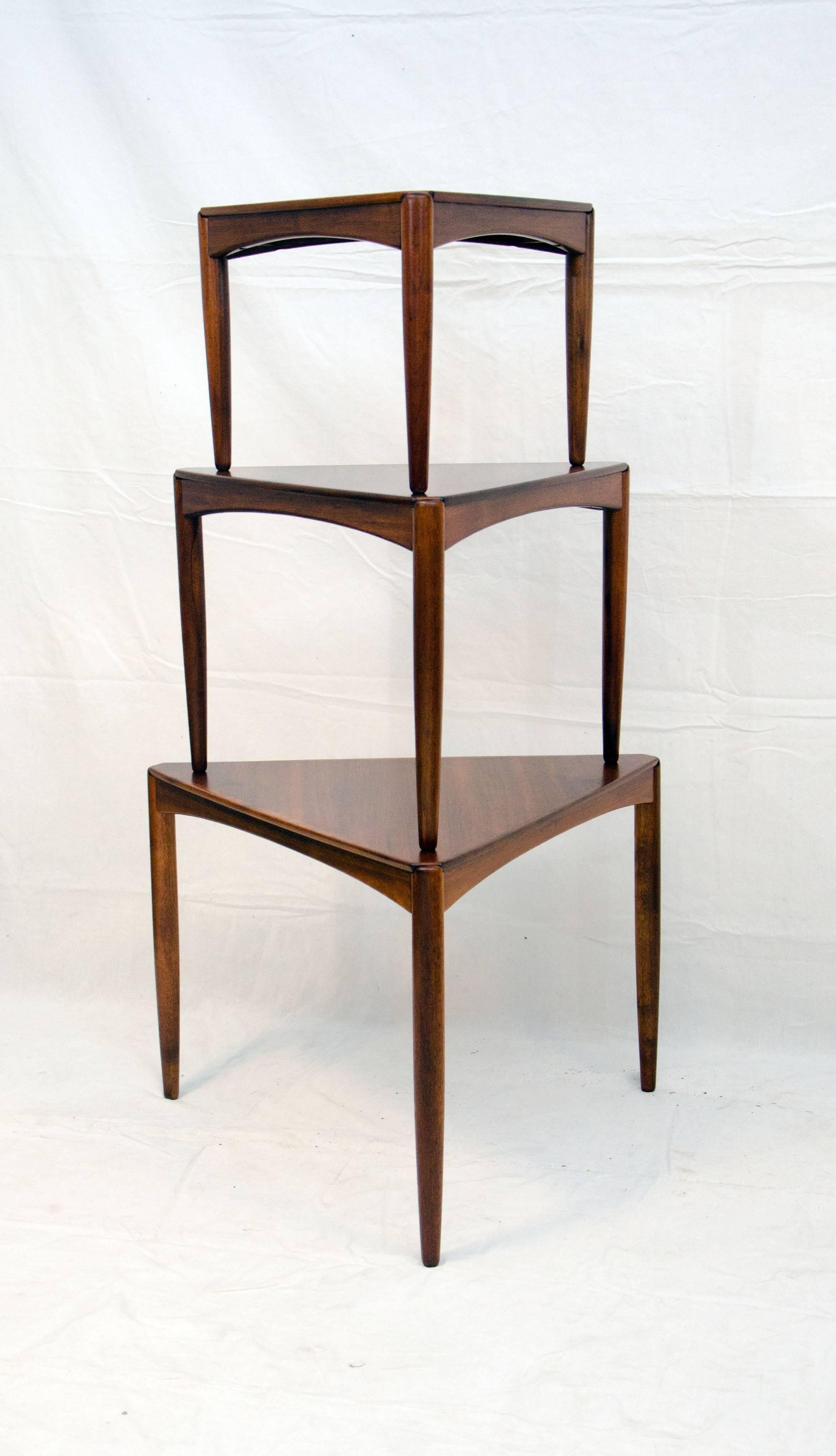 Set of Three MidCentury Walnut Triangular Nesting Tables at 1stDibs
