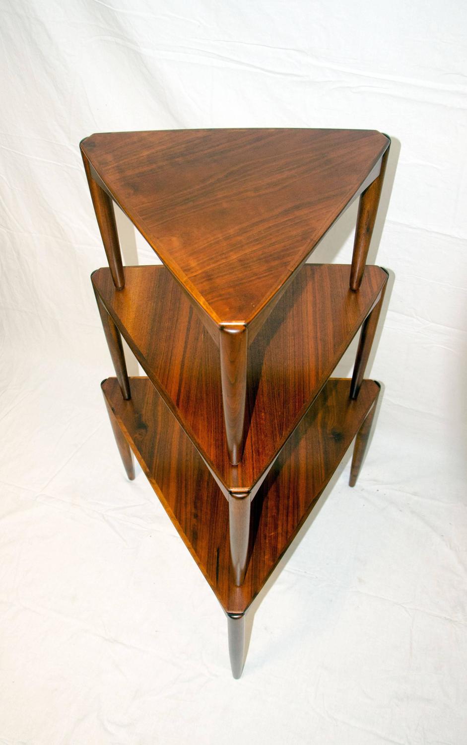 Set of Three MidCentury Walnut Triangular Nesting Tables at 1stdibs