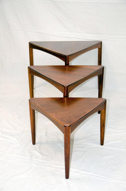 Set of Three MidCentury Walnut Triangular Nesting Tables at 1stDibs
