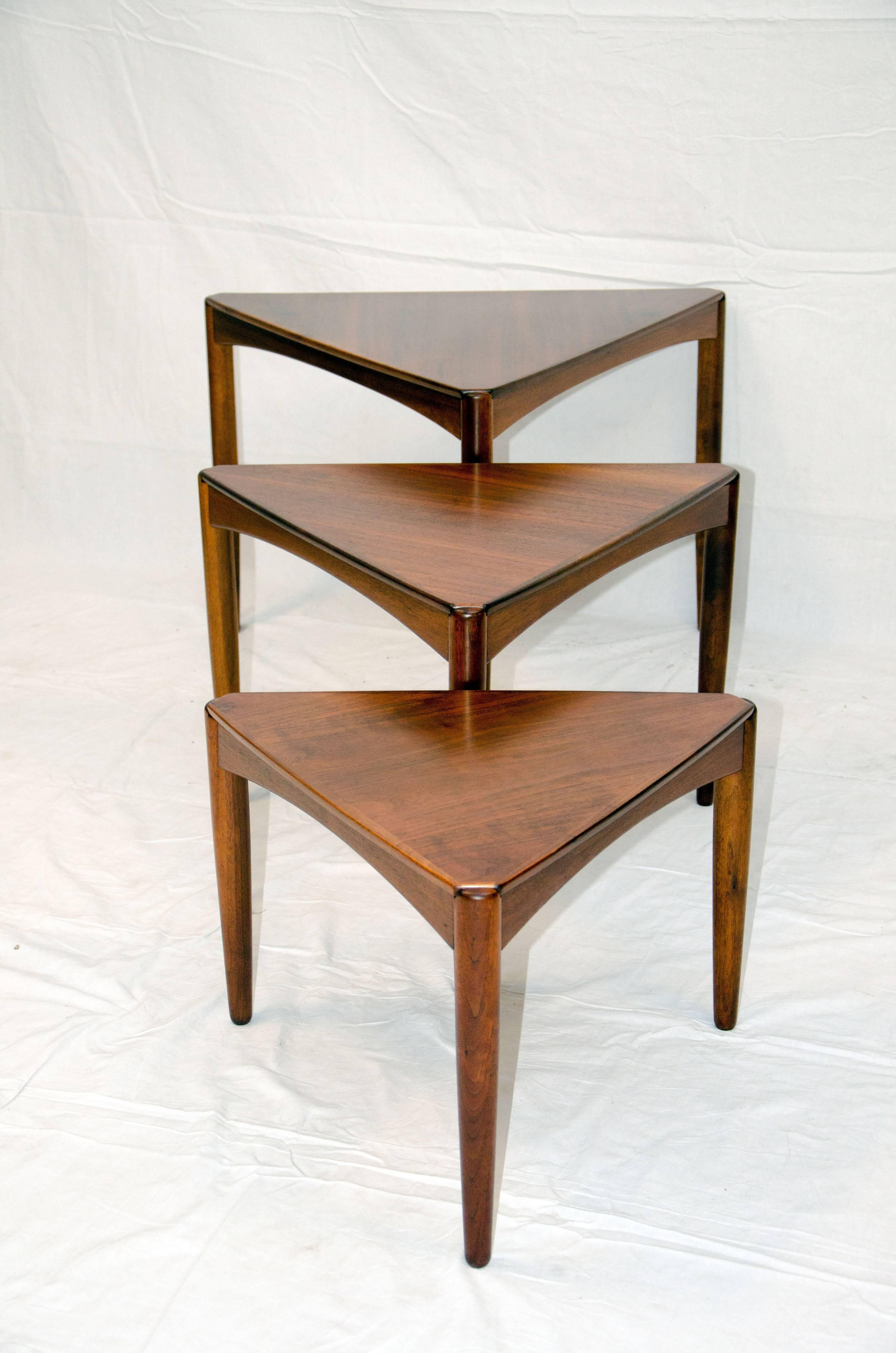 Set of Three MidCentury Walnut Triangular Nesting Tables at 1stDibs