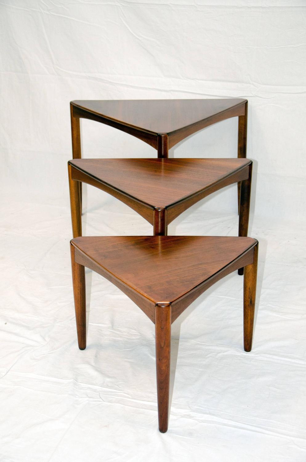 Set of Three MidCentury Walnut Triangular Nesting Tables at 1stdibs