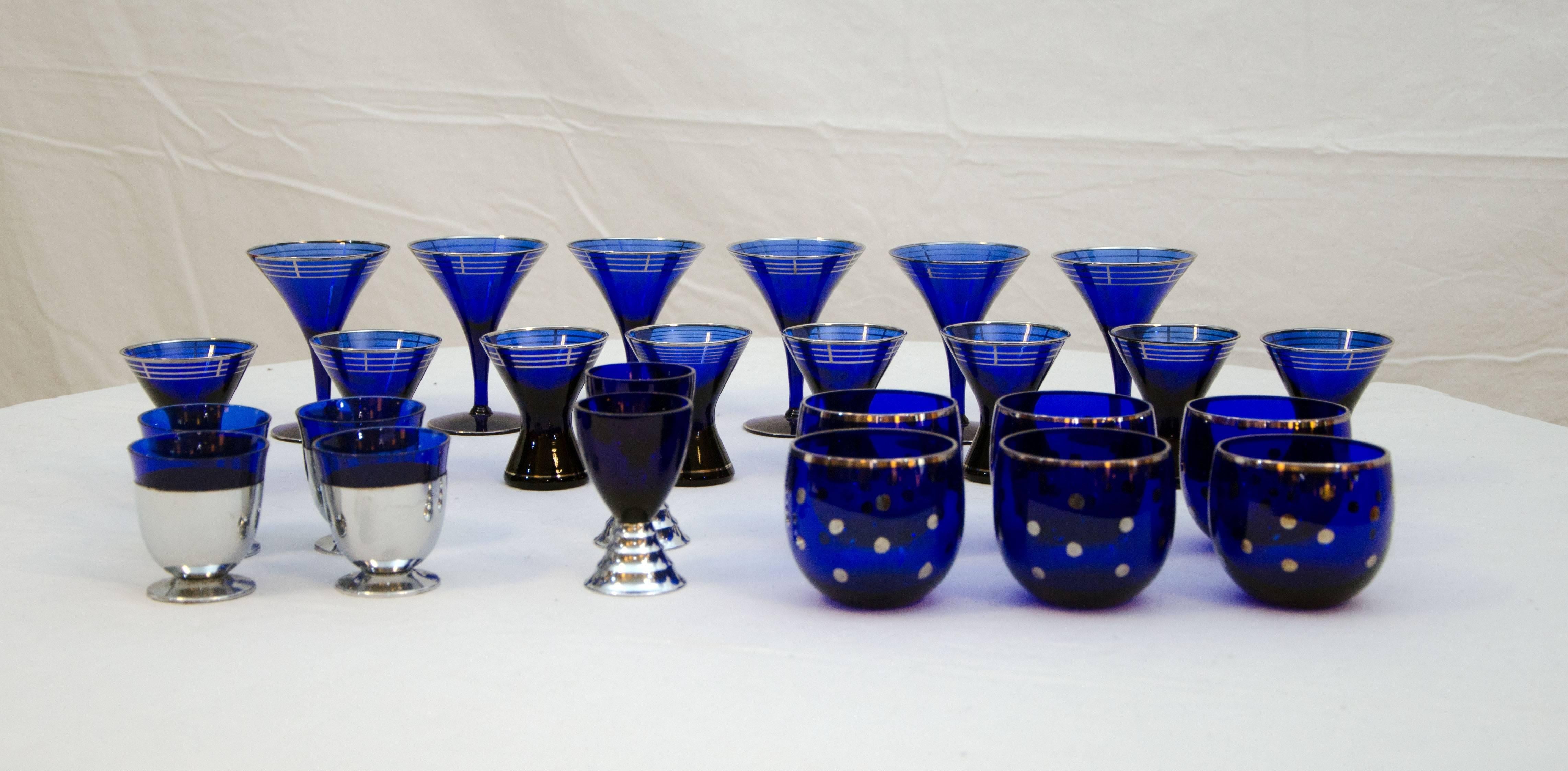 American Collection of Art Deco Cobalt Blue Cocktail or Bar Glassware