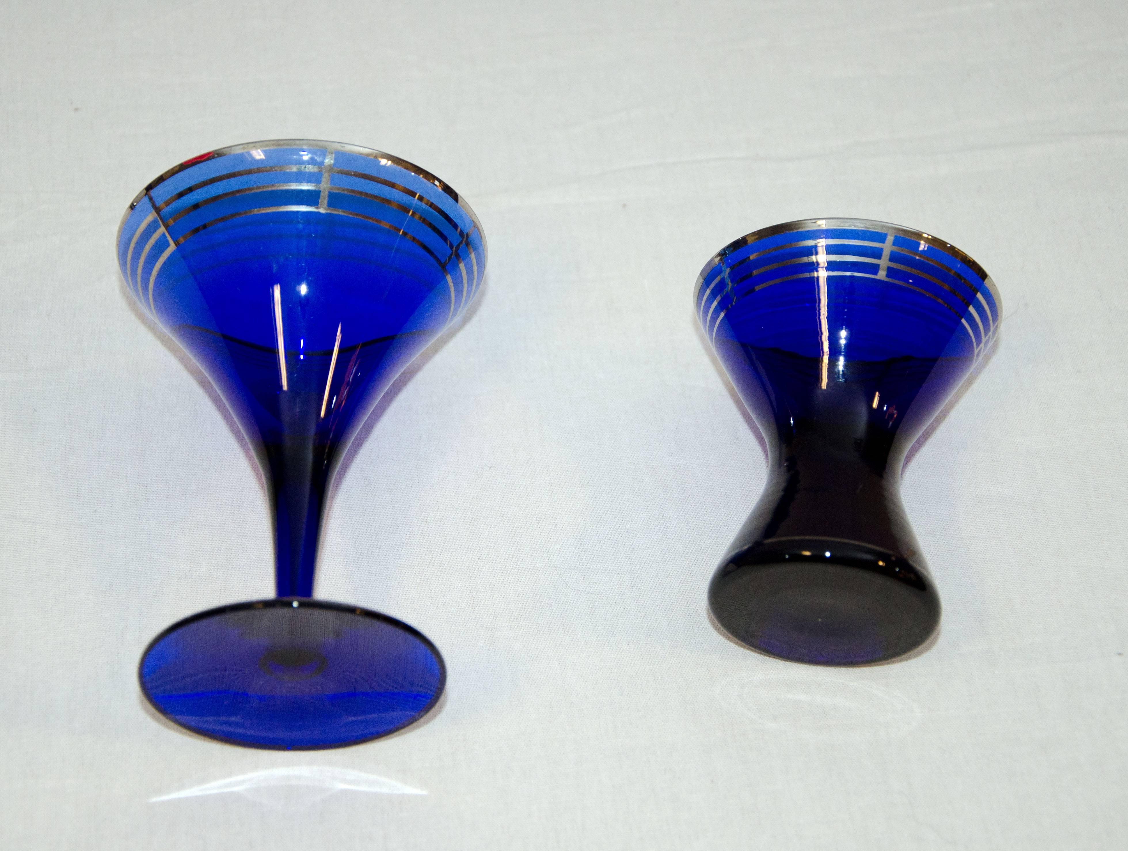 Collection of Art Deco Cobalt Blue Cocktail or Bar Glassware In Good Condition In Crockett, CA