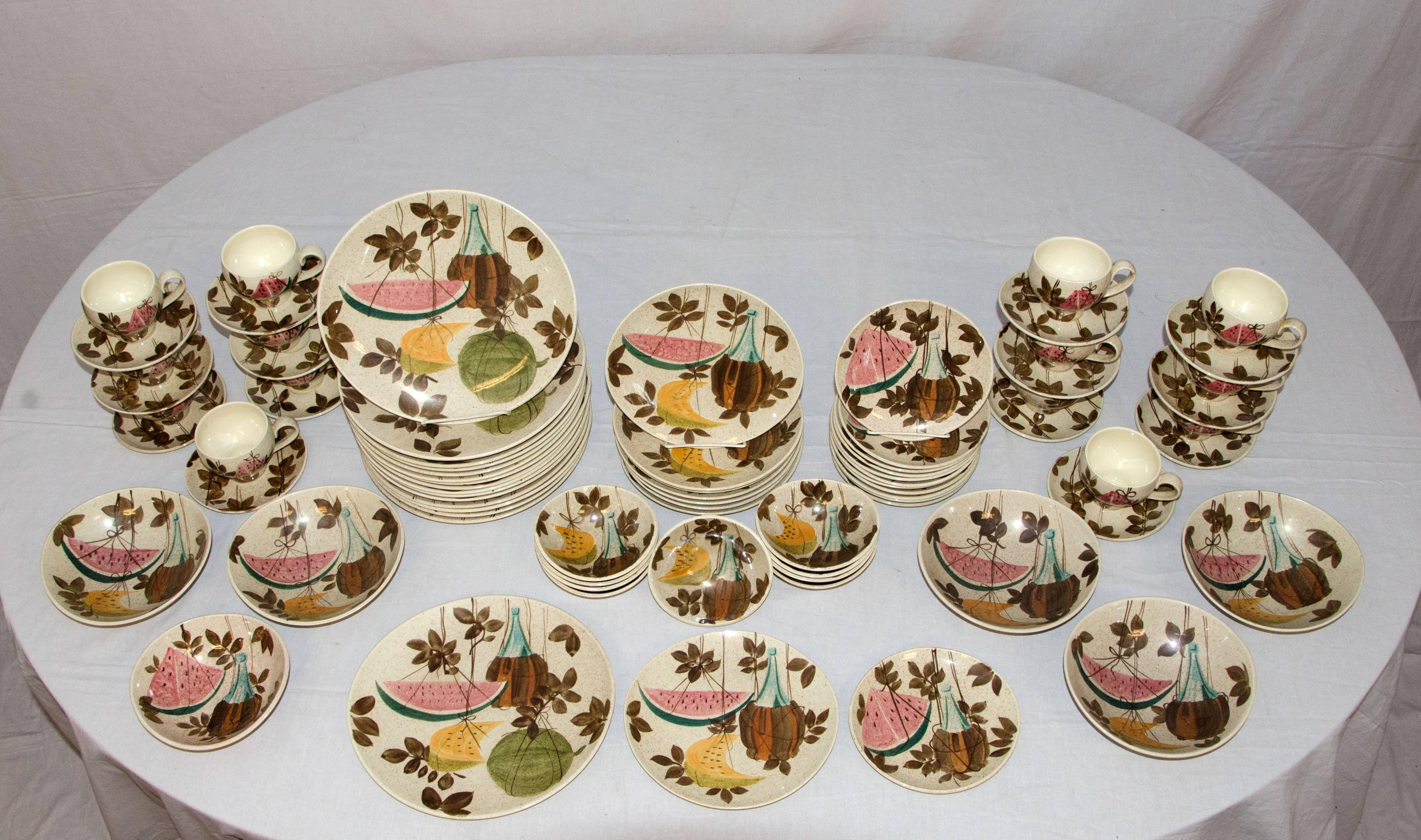 Large 89 piece set of dinnerware manufactured by Red Wing Pottery of Minnesota in the Tampico pattern, a fun watermelon theme.
(All 