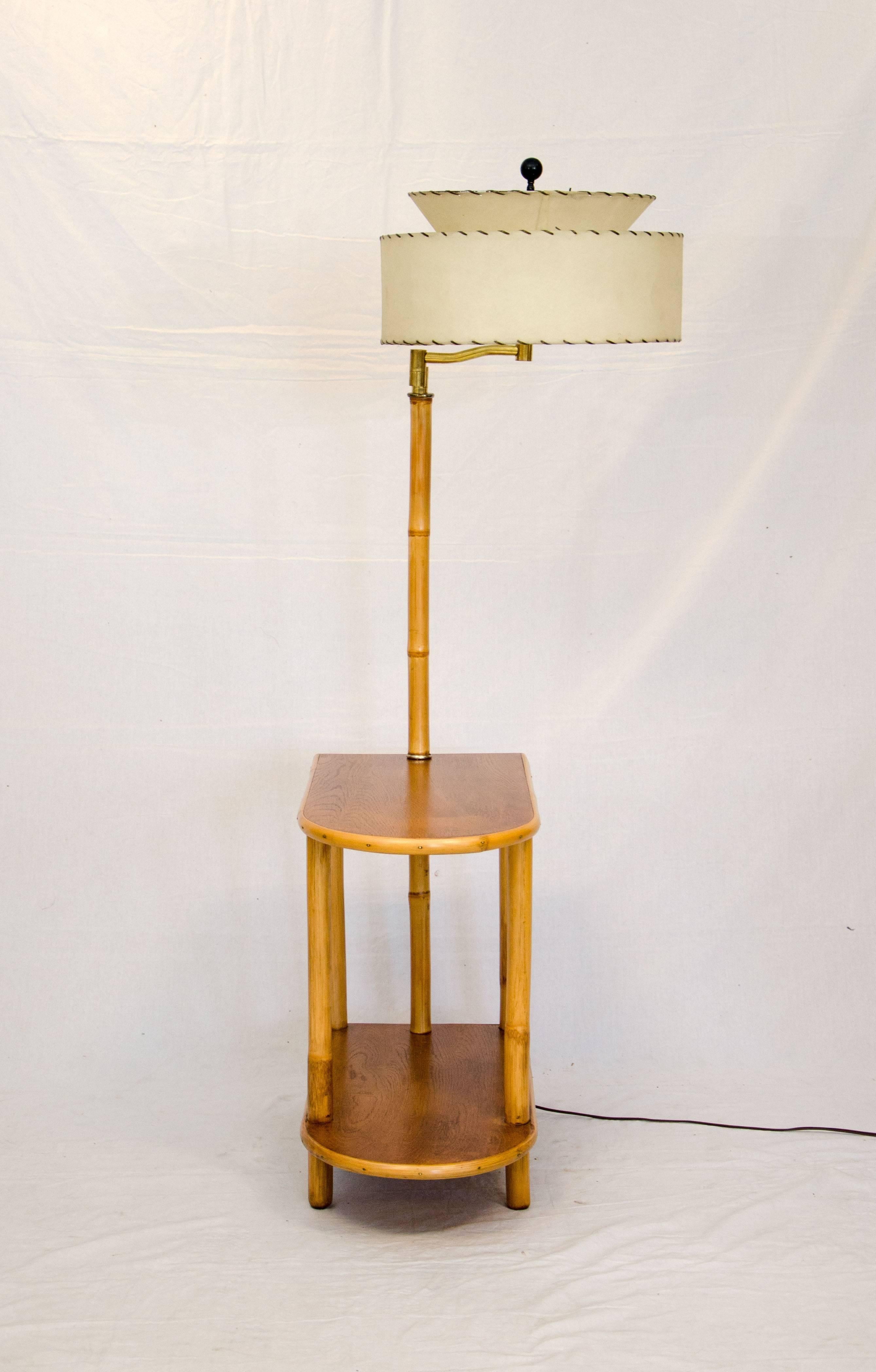 Mid-Century Modern Rattan End Table with Attached Lamp