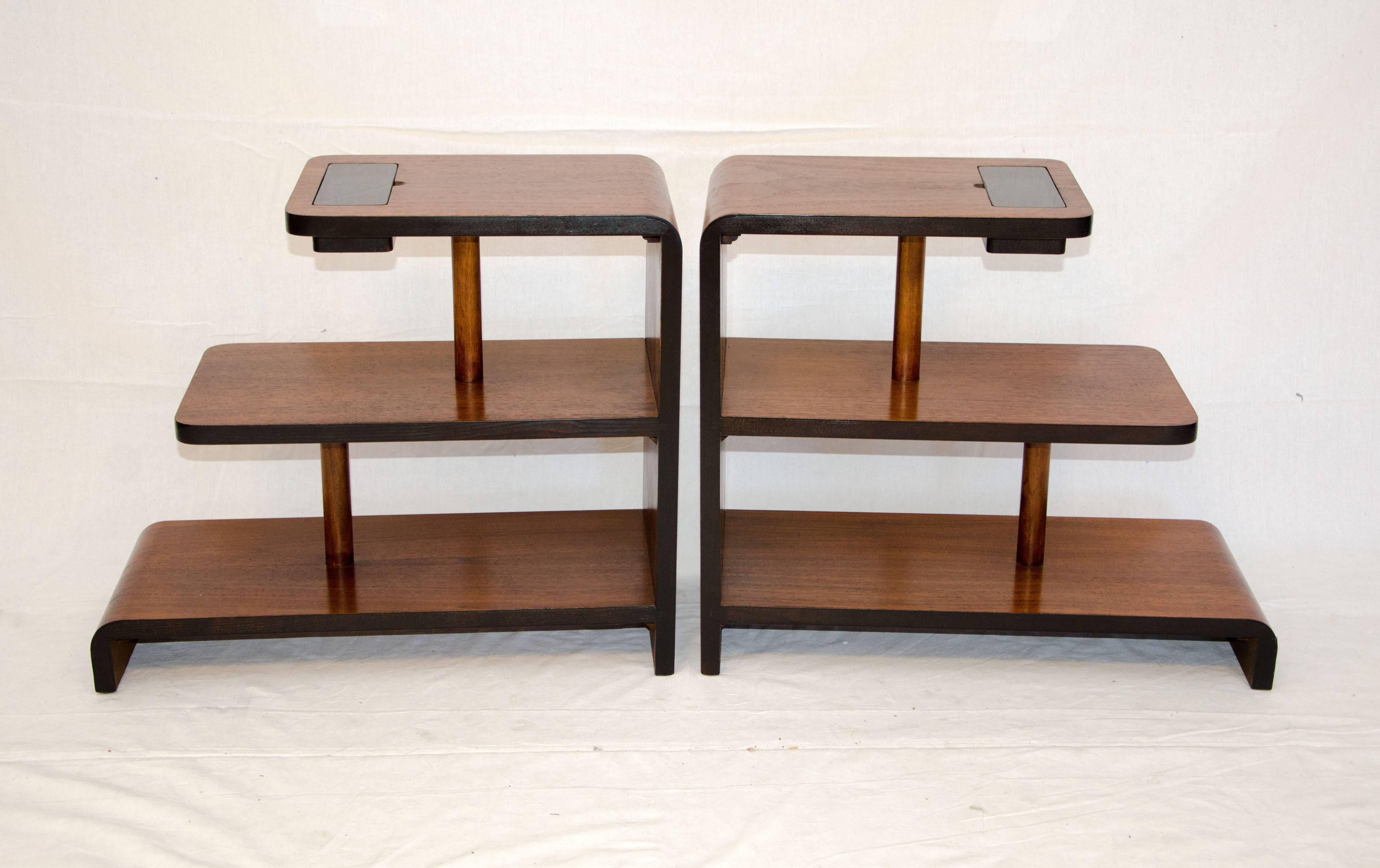Pair of Walnut Art Deco Three-Tier End Tables In Excellent Condition In Crockett, CA