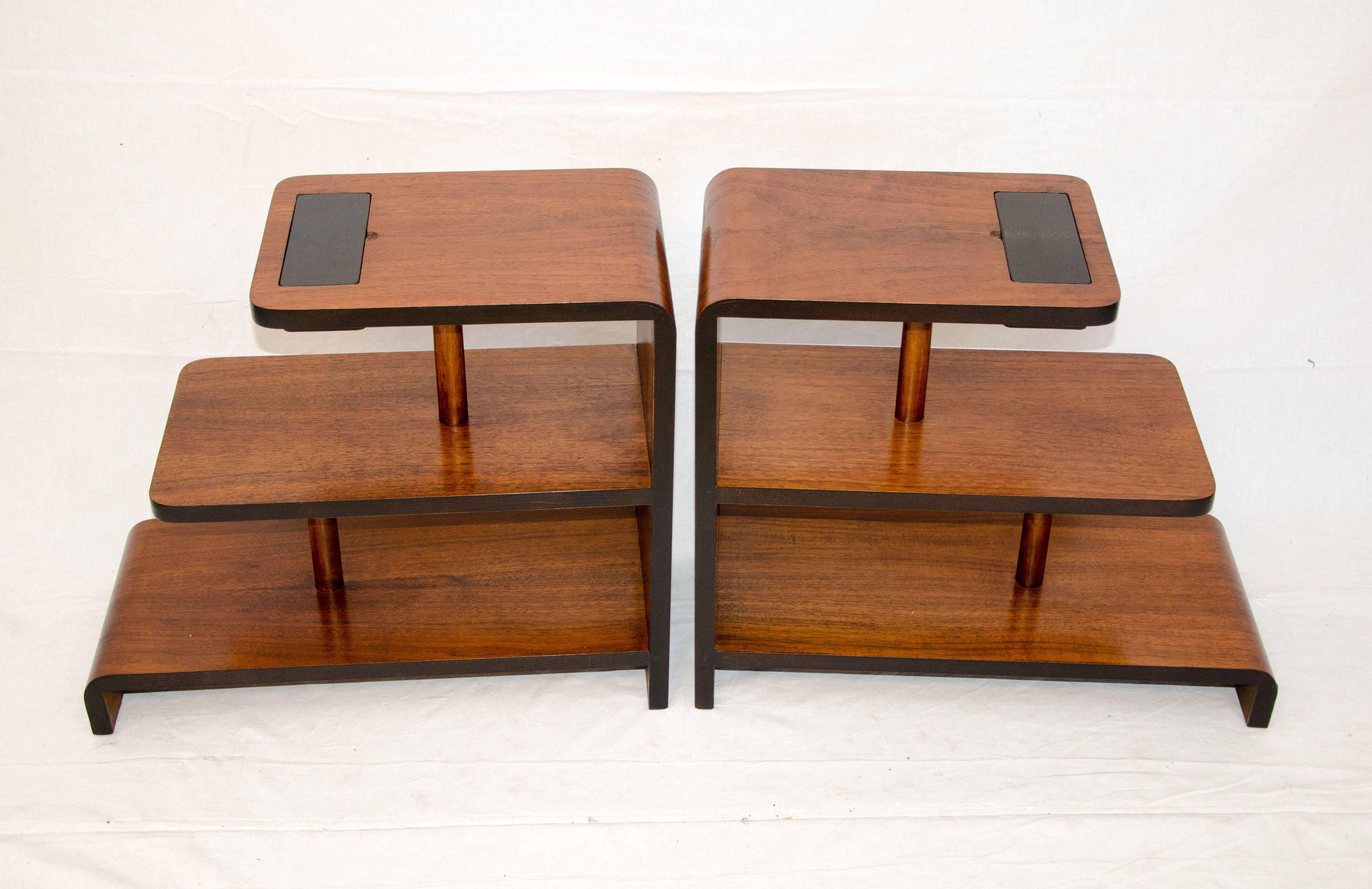 American Pair of Walnut Art Deco Three-Tier End Tables
