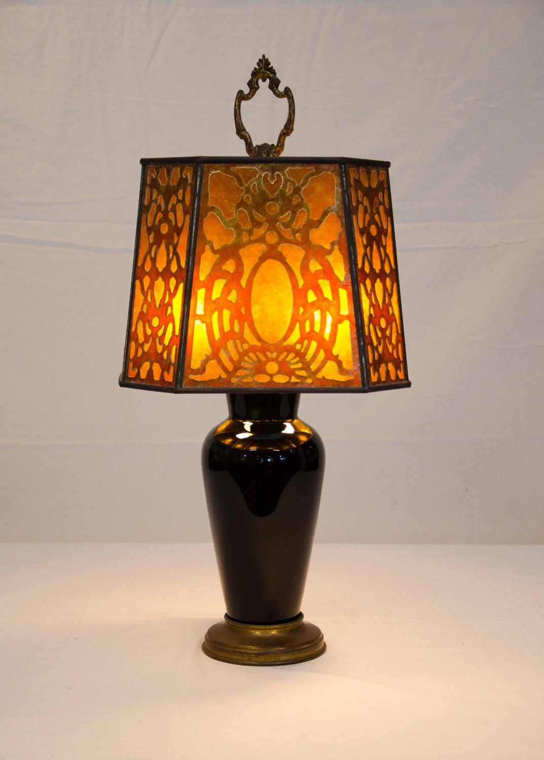 Black Glass Base Art Deco Table Lamp, Mica Shade For Sale at 1stdibs