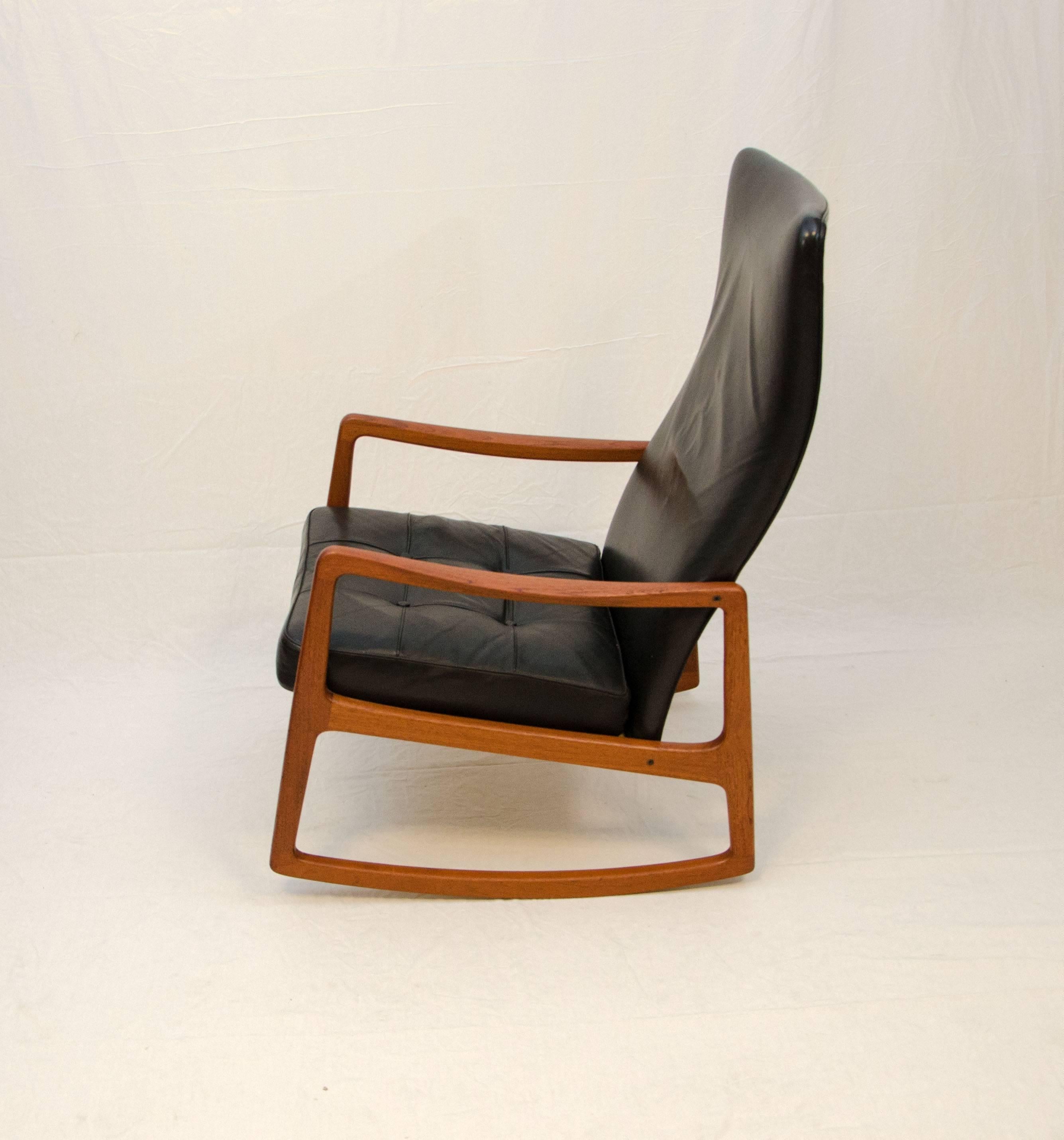 Danish Teak and Leather High Back Rocking Chair by Ole Wanscher In Good Condition For Sale In Crockett, CA