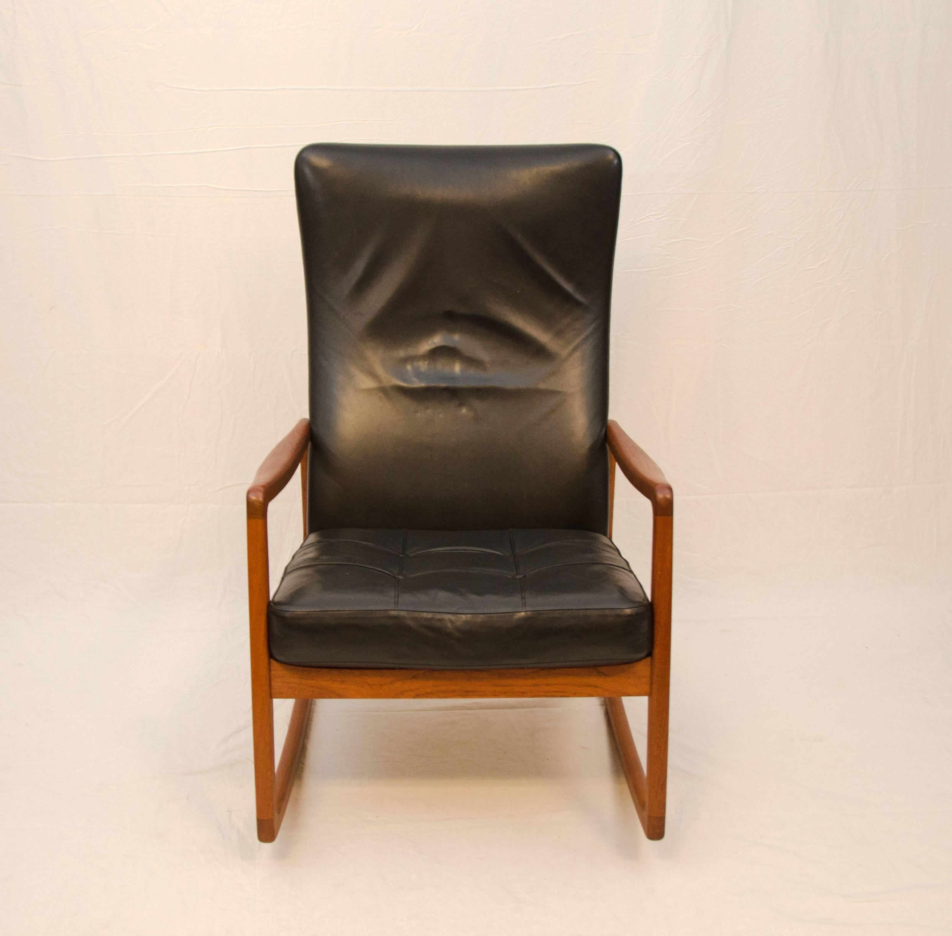 Danish Teak and Leather High Back Rocking Chair by Ole Wanscher For Sale 1