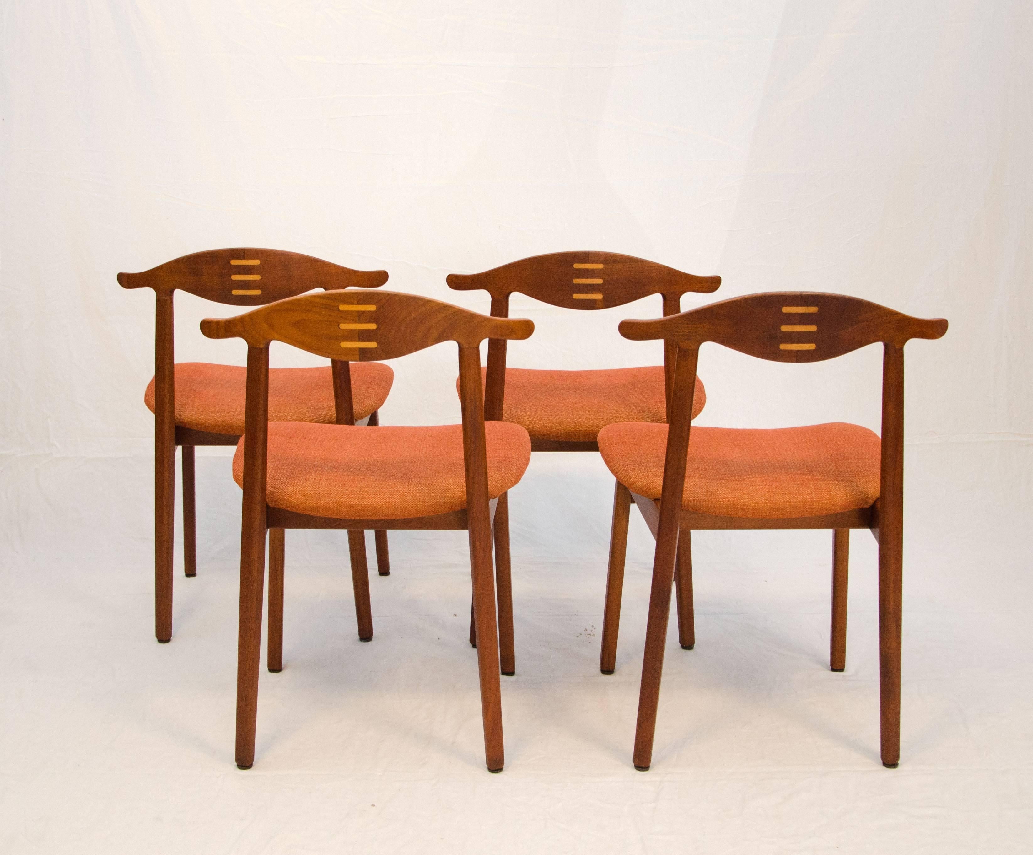 Fabric Rare Set of Four Teak Cowhorn Style Dining Chairs by Randers Stolefabrik