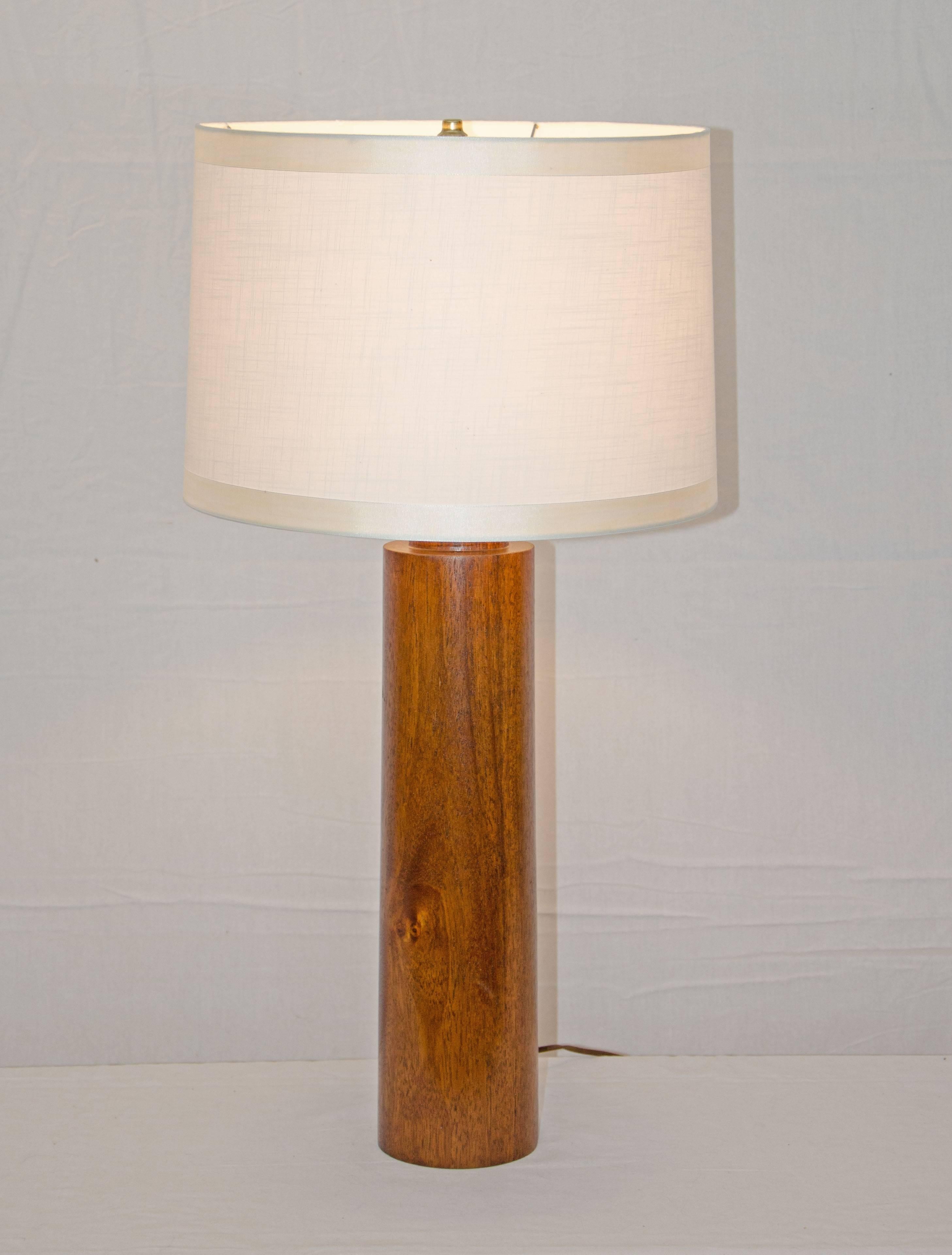 Impressive simple mahogany cylindrical base table lamp can be used as an accent light in many different places. Measures: The base is 20 1/4