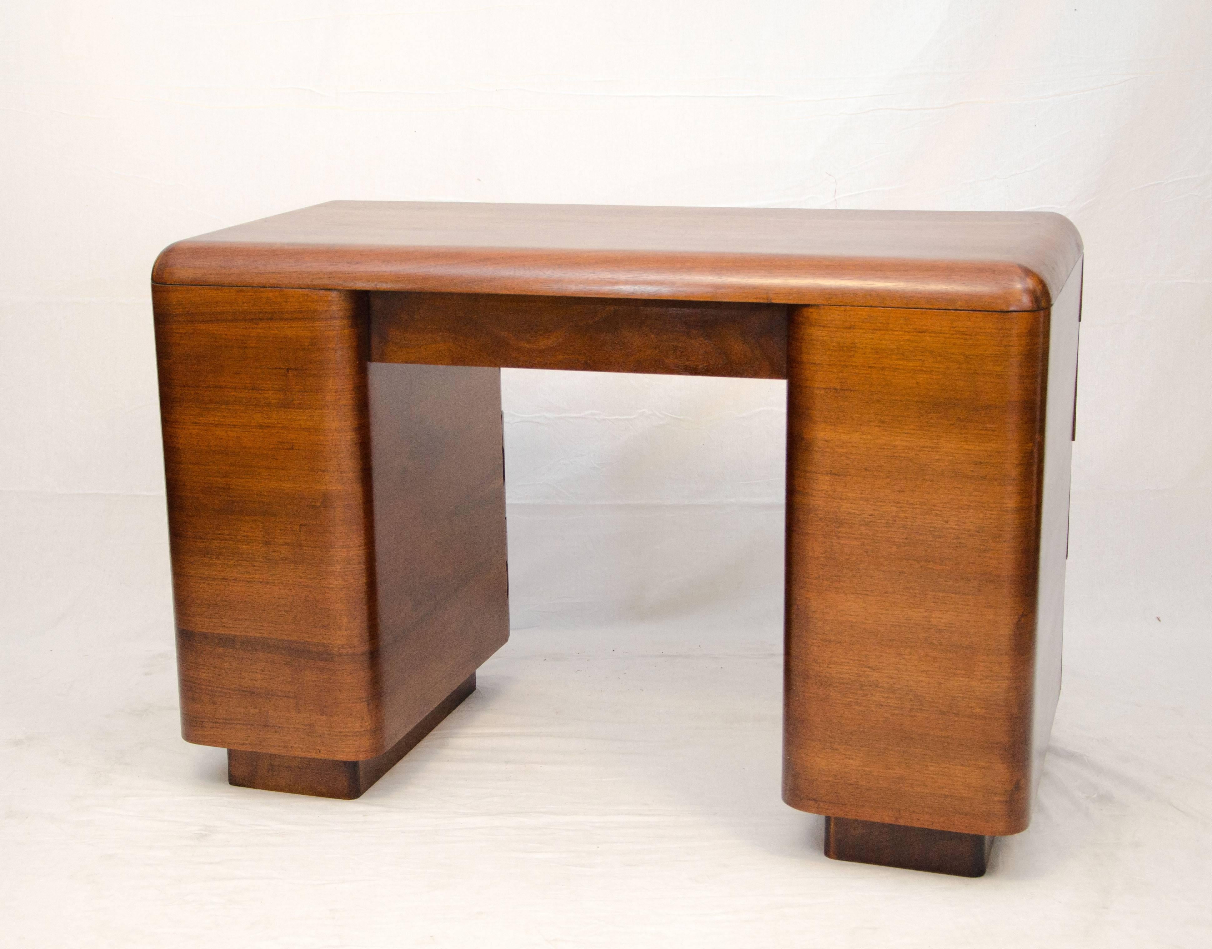 Molded Moderne Art Deco Walnut Desk by Paul Goldman for Plymold Corp