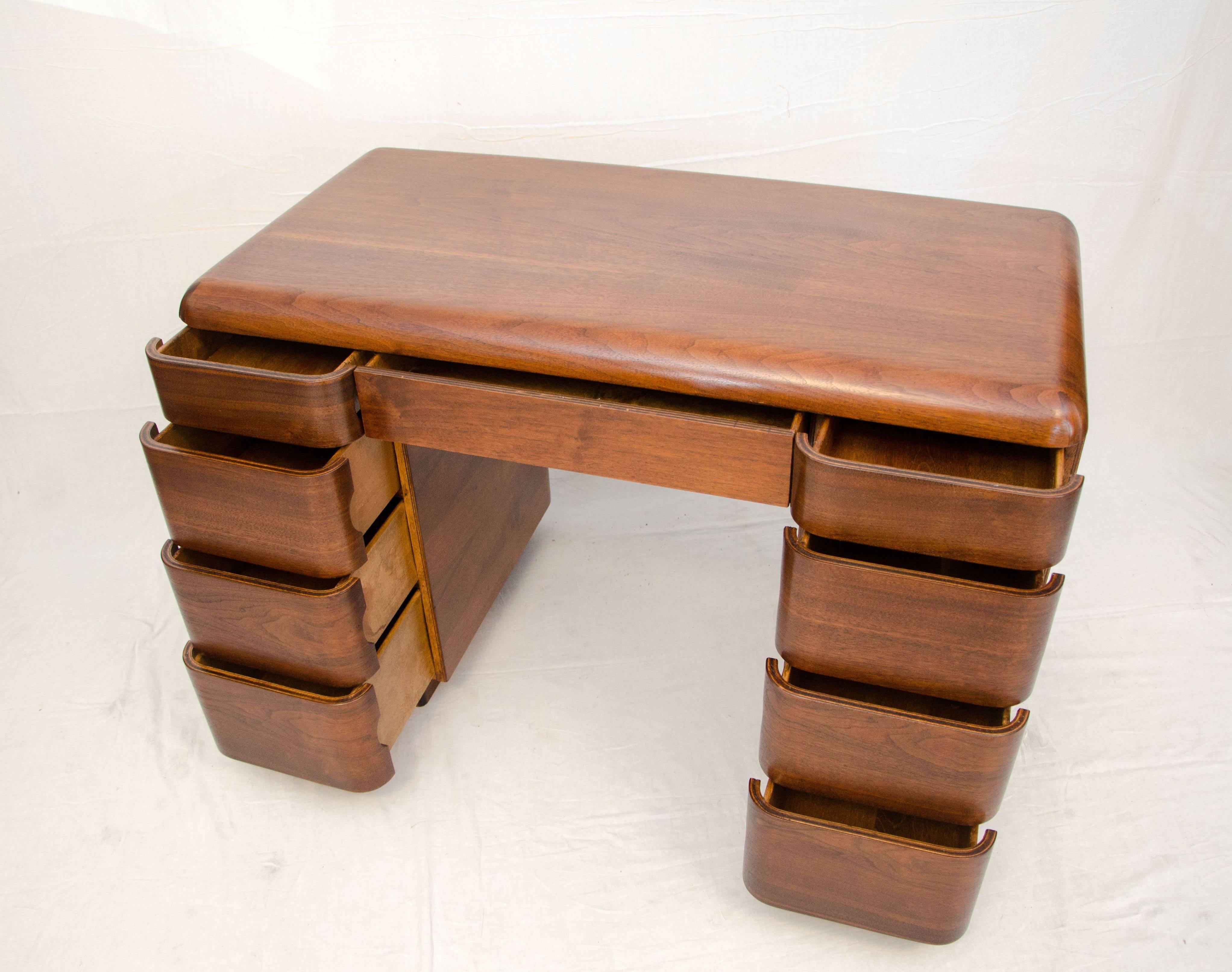 American Moderne Art Deco Walnut Desk by Paul Goldman for Plymold Corp