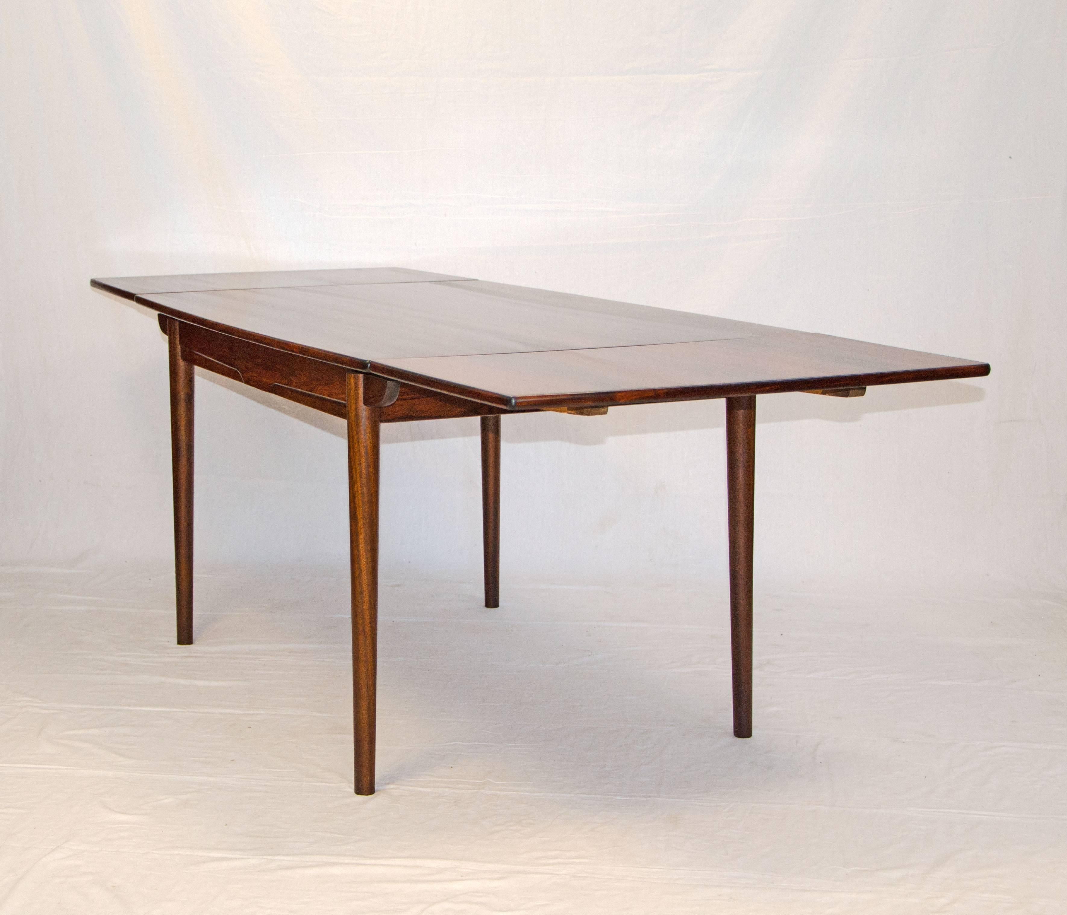 Danish Rosewood Dining Table, Two Leaves In Excellent Condition In Crockett, CA