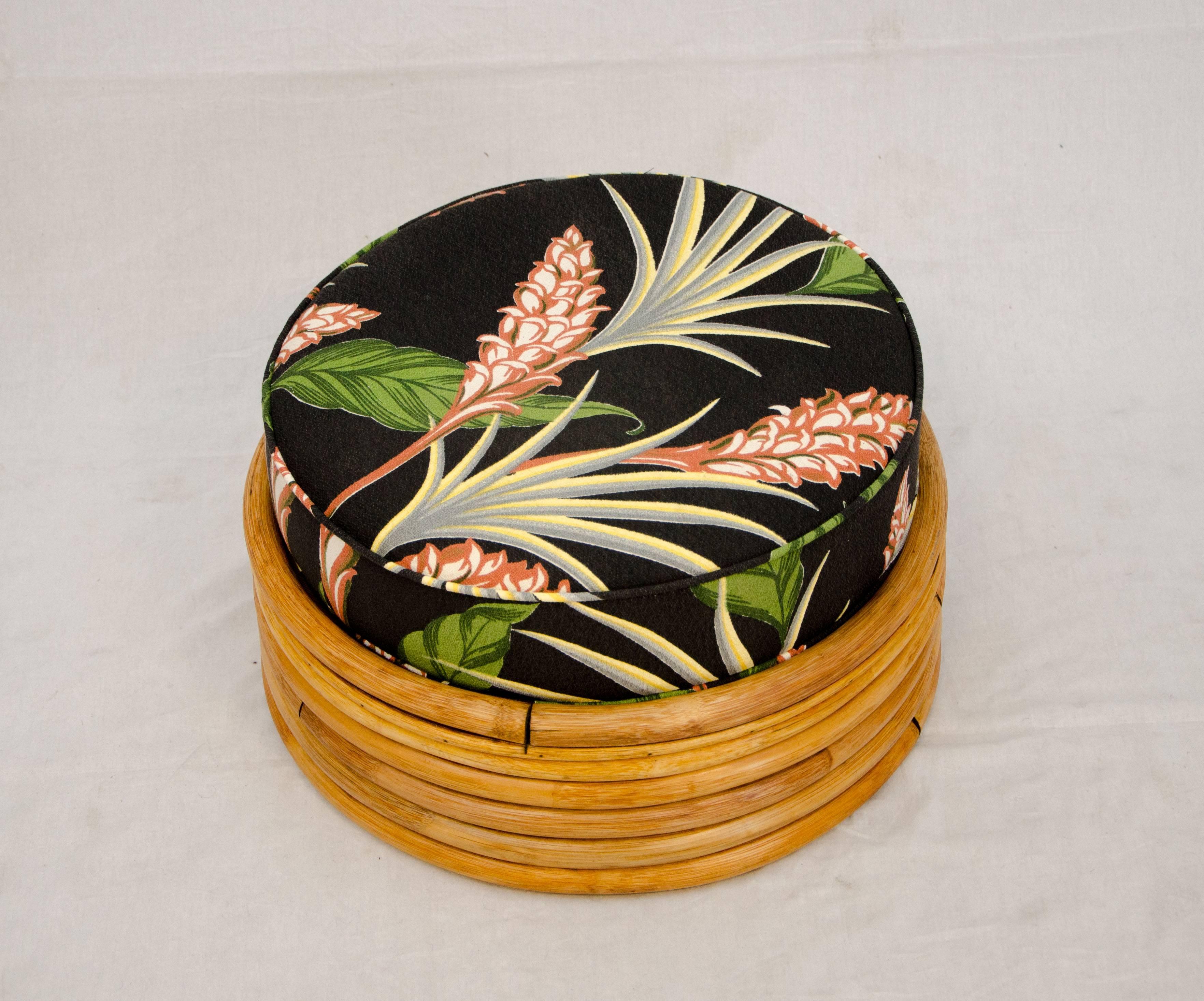 This six band circular rattan ottoman works well with your lounge chair, sofa or just an extra seating spot. The cushion is upholstered with tropical barkcloth.