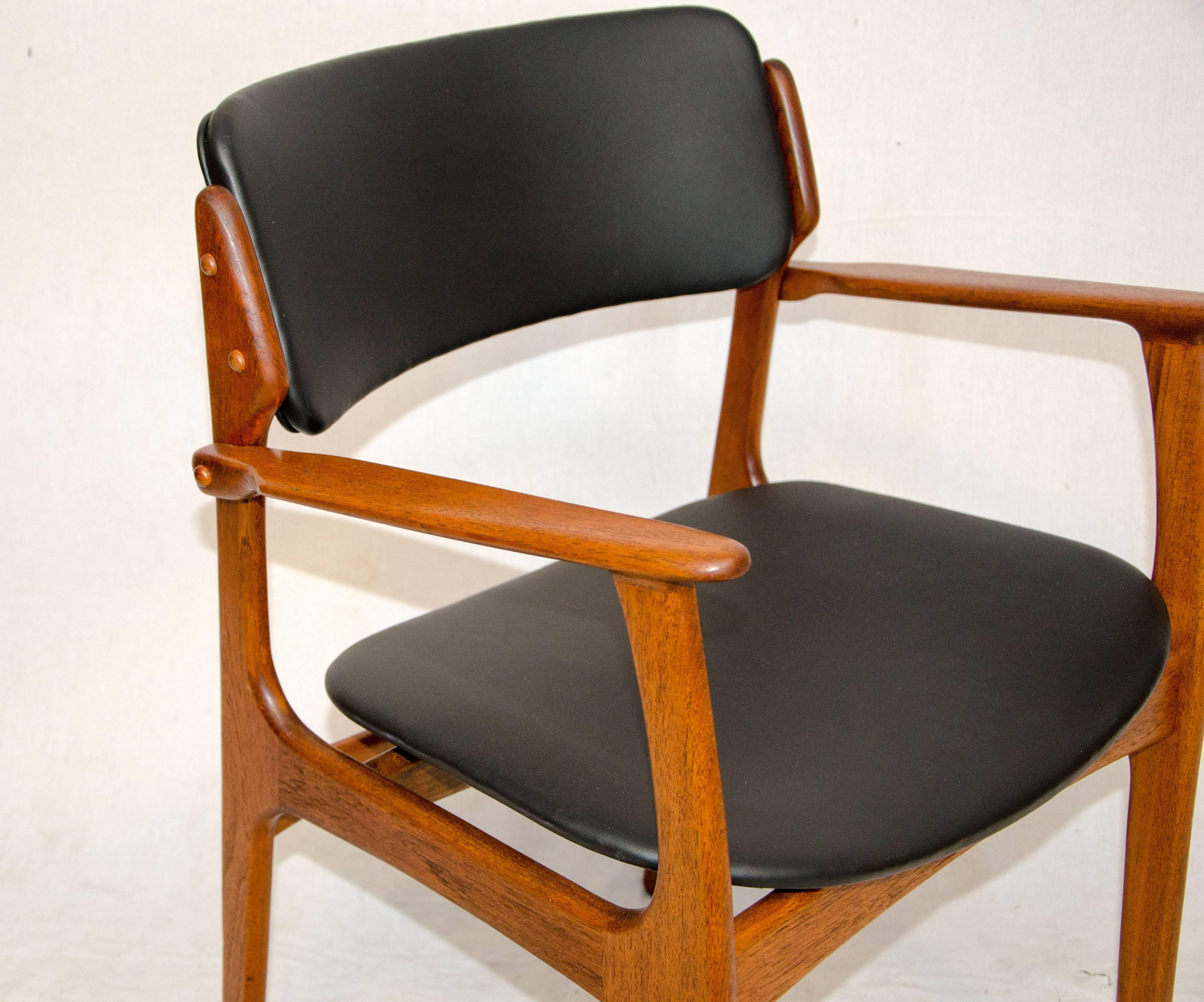 Faux Leather Set of Six Danish Teak Dining Chairs by Erik Buck