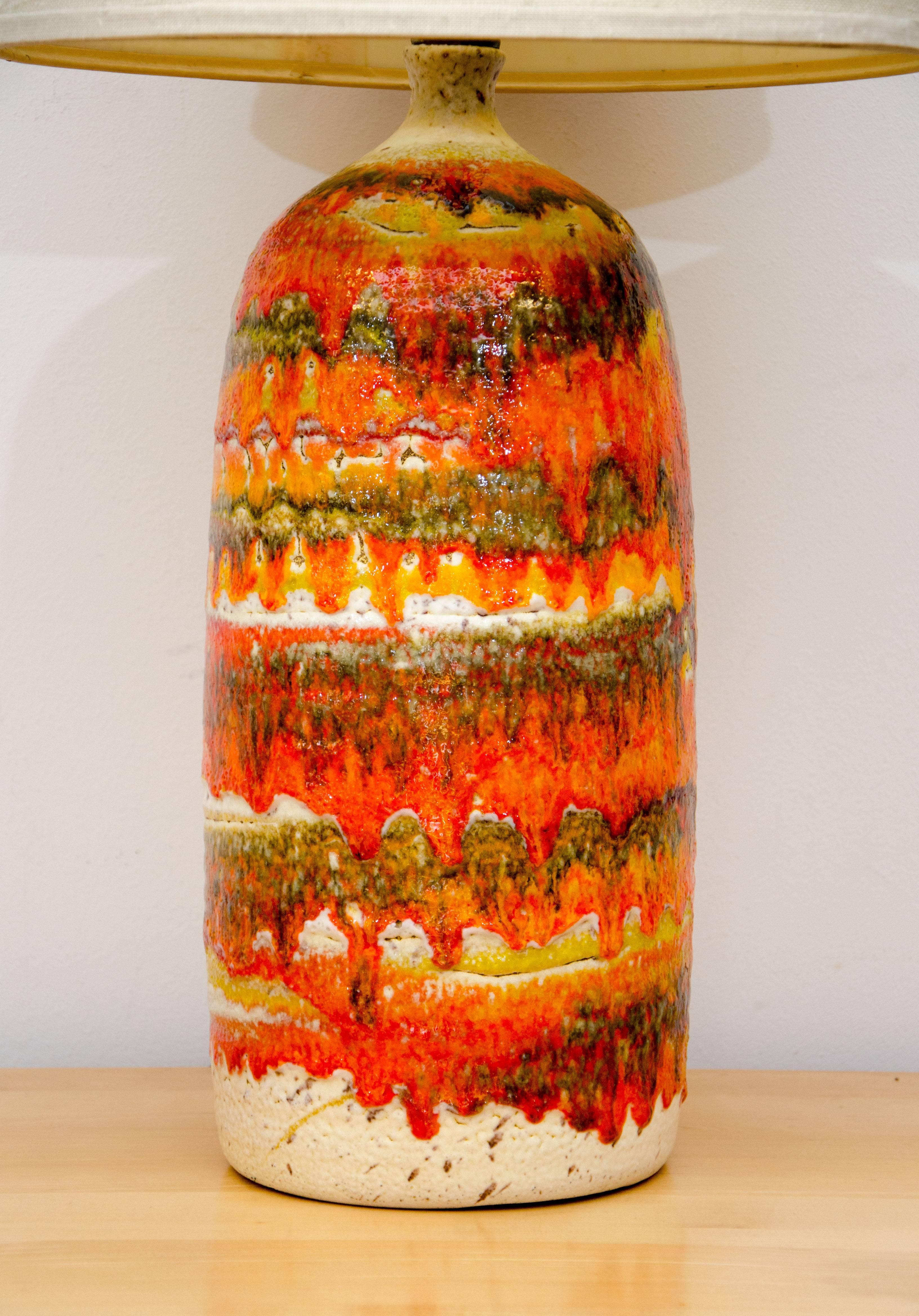Mid-Century Modern Colorful Drip Glaze Studio Pottery Table Lamp, Original Shade