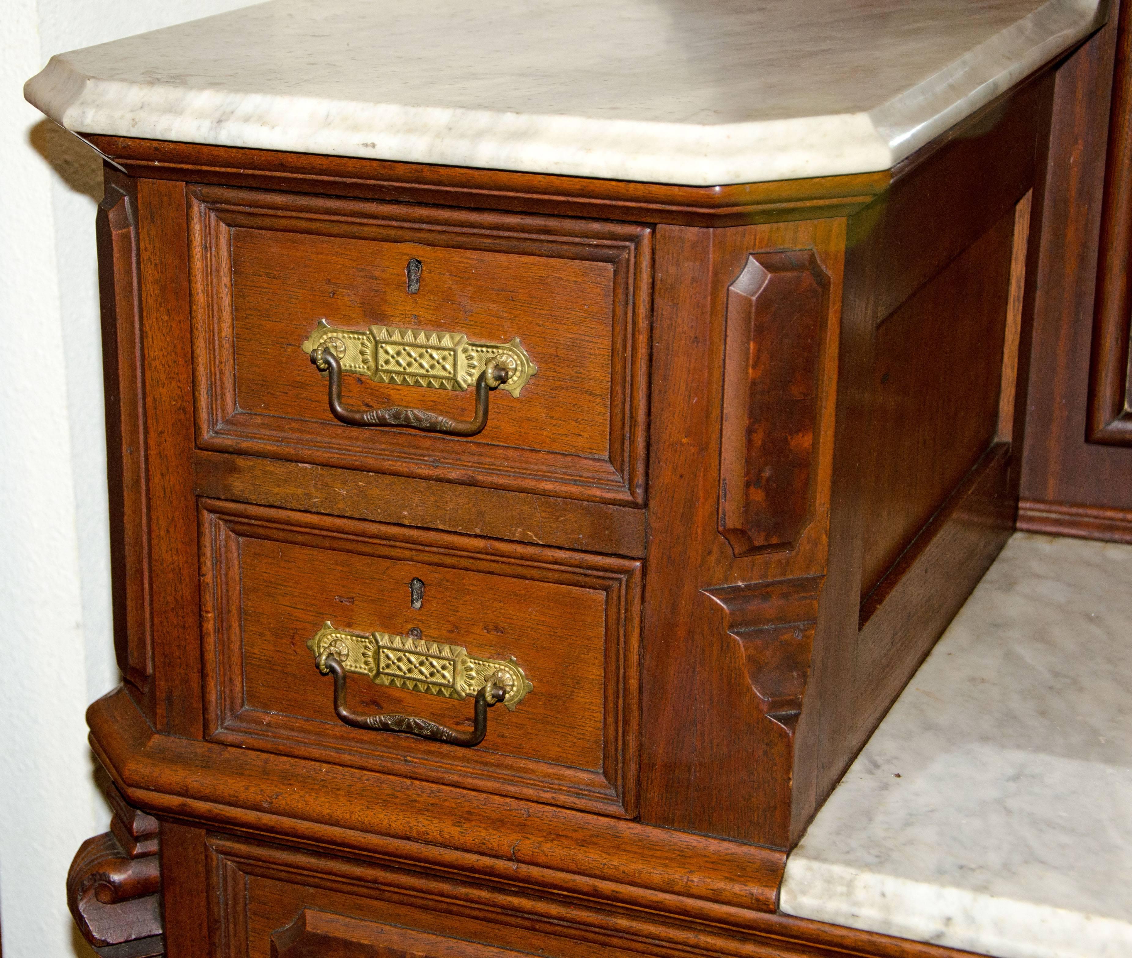 Brass Antique Walnut American Renaissance Victorian Drop Well Dresser, Marble Tops For Sale