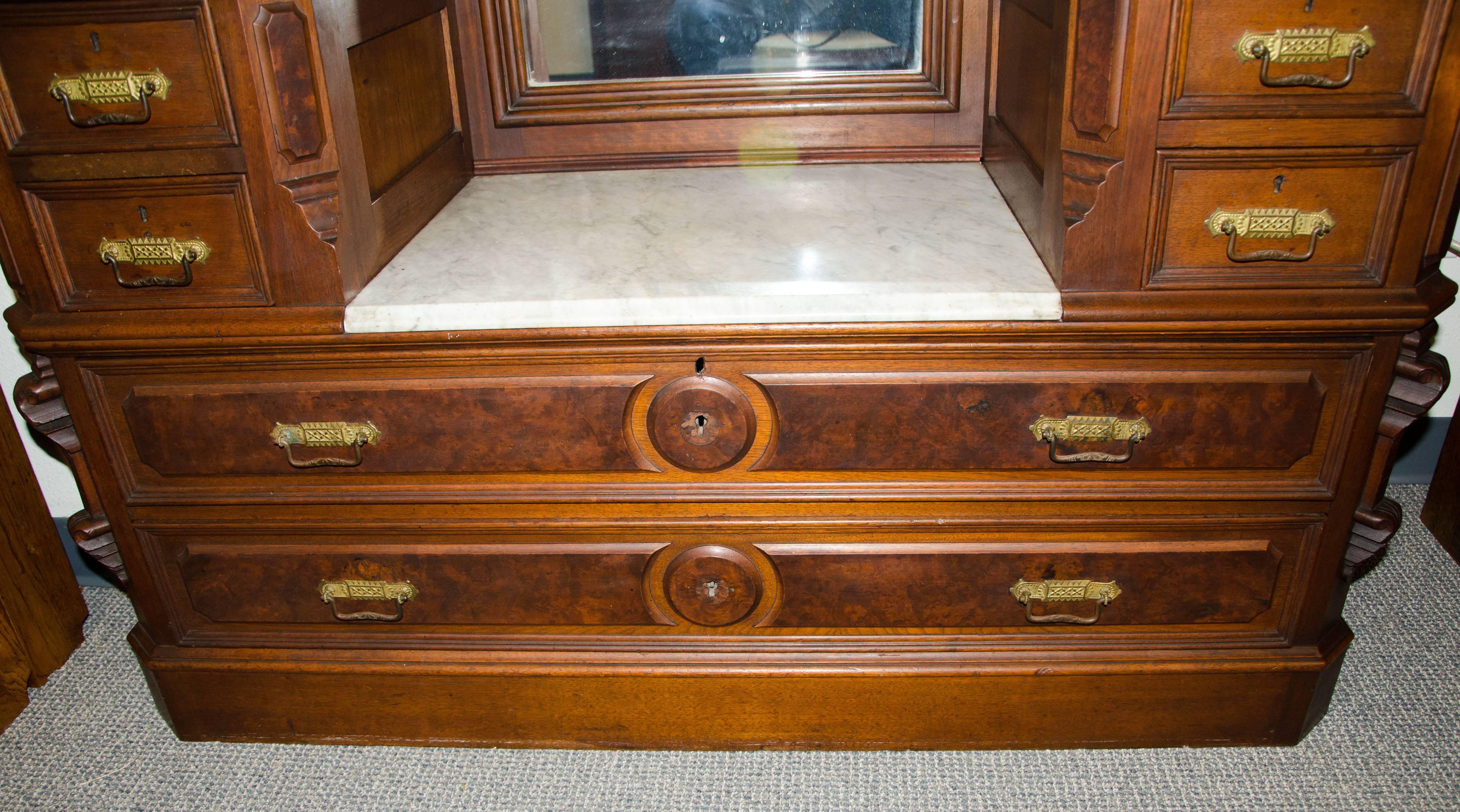 Antique Walnut American Renaissance Victorian Drop Well Dresser, Marble Tops In Good Condition For Sale In Crockett, CA