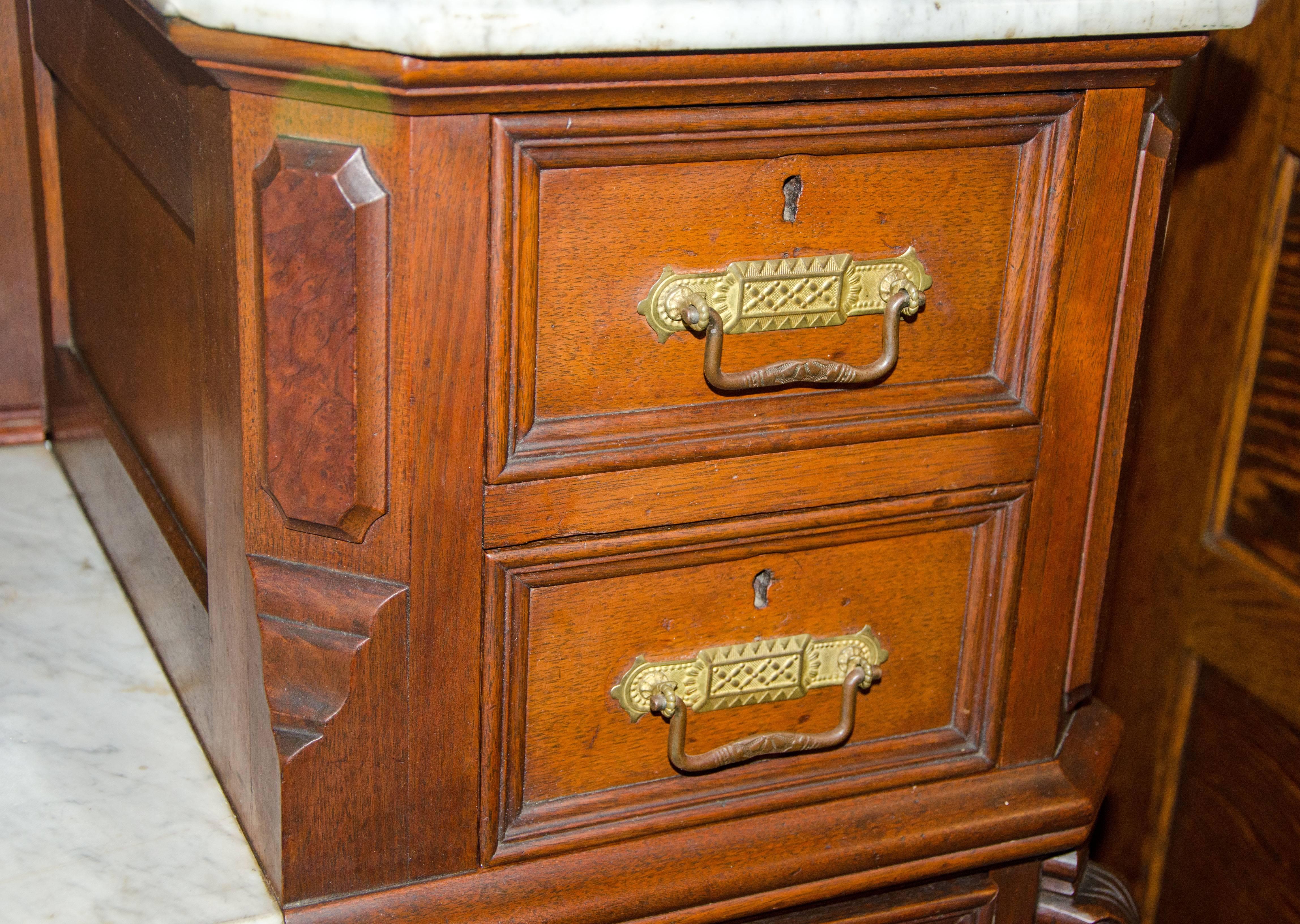 20th Century Antique Walnut American Renaissance Victorian Drop Well Dresser, Marble Tops For Sale