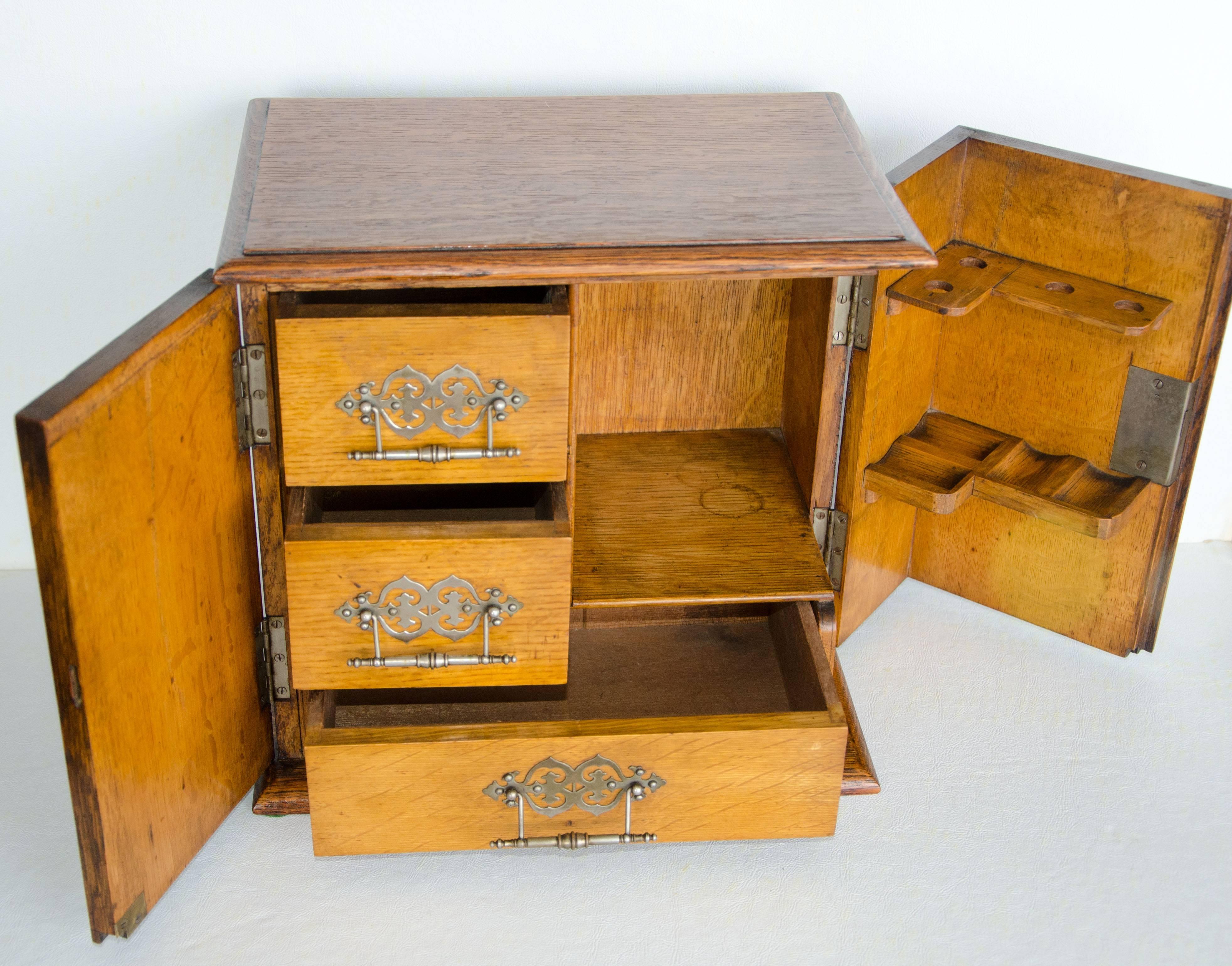 Late Victorian Antique Oak Pipe & Tobacco Cabinet For Sale