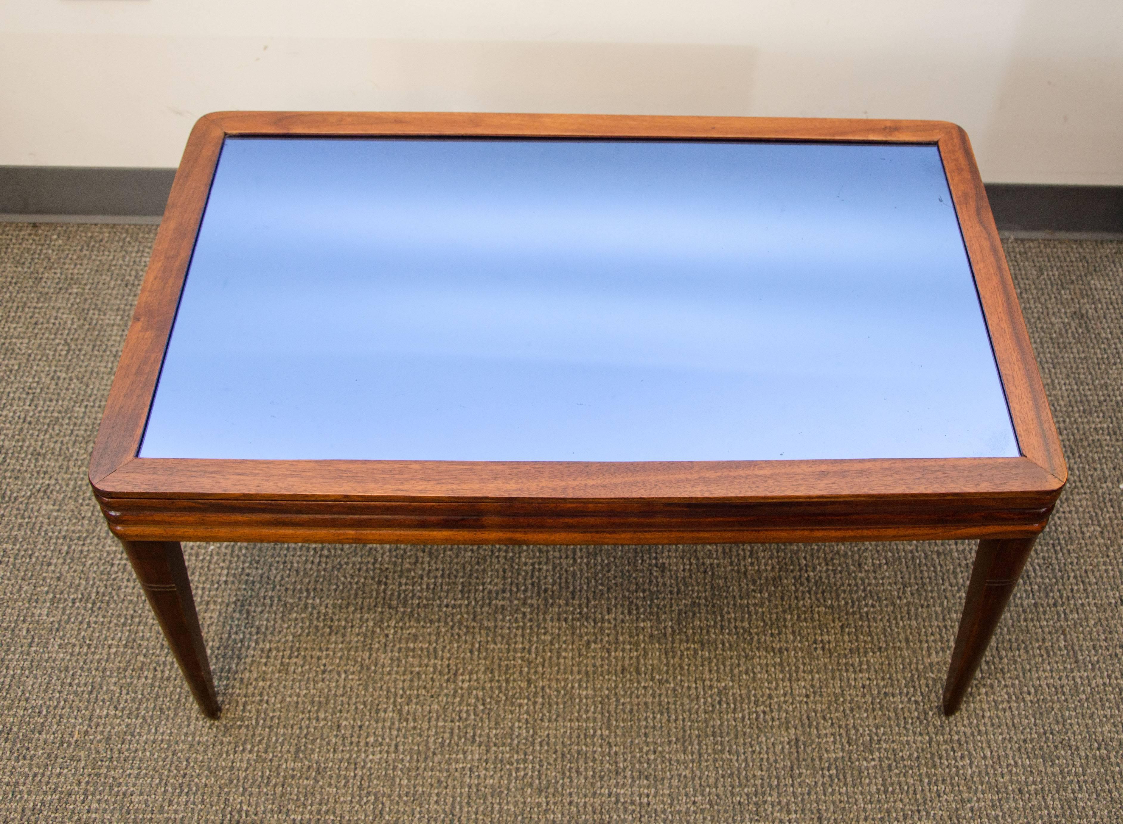  Art Deco walnut coffee table with a very simple design. It retains the original vintage cobalt blue glass top. It can fit in with many design interiors.