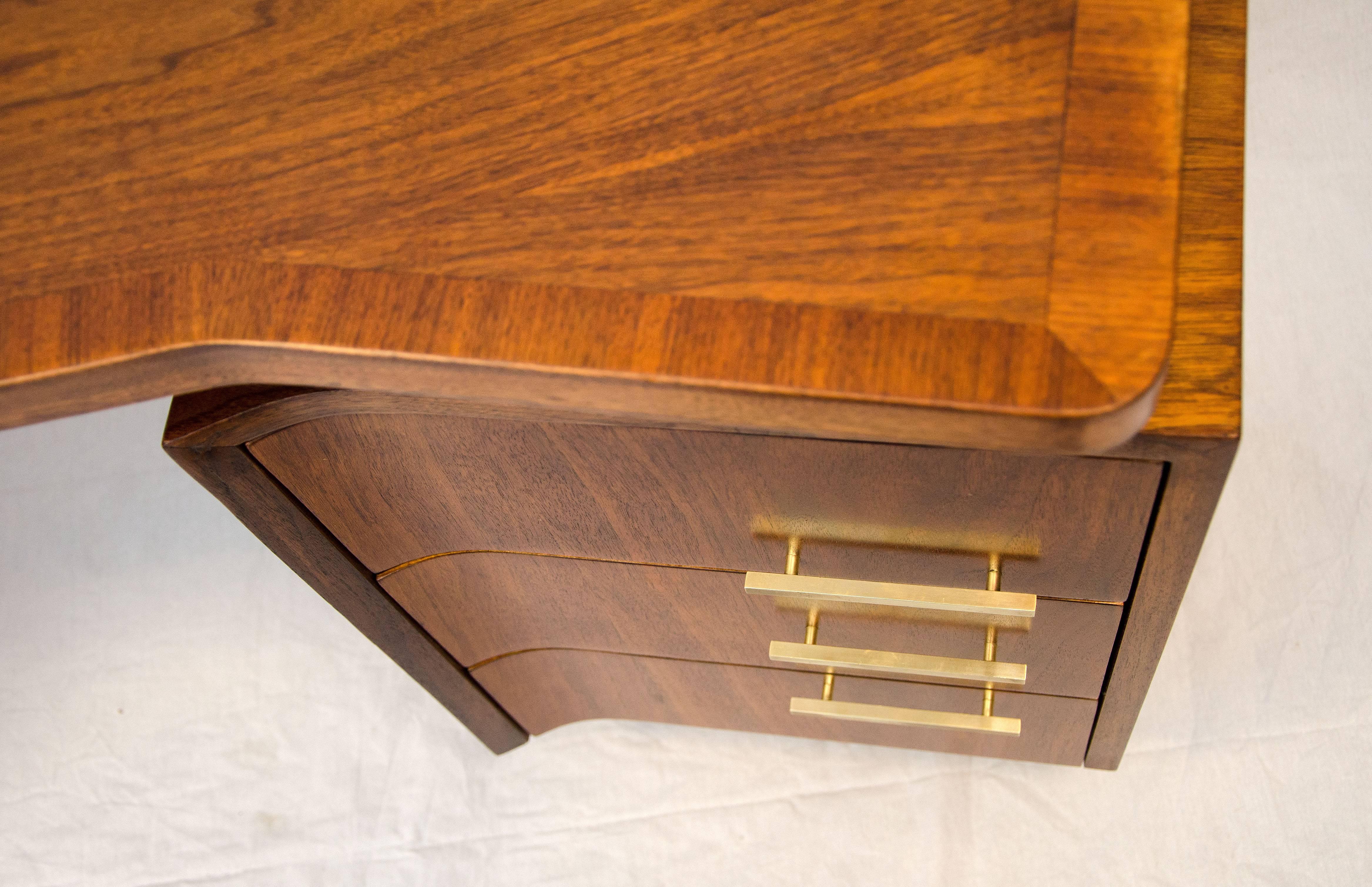 Brass Midcentury Walnut Curved Desk, Floating Top
