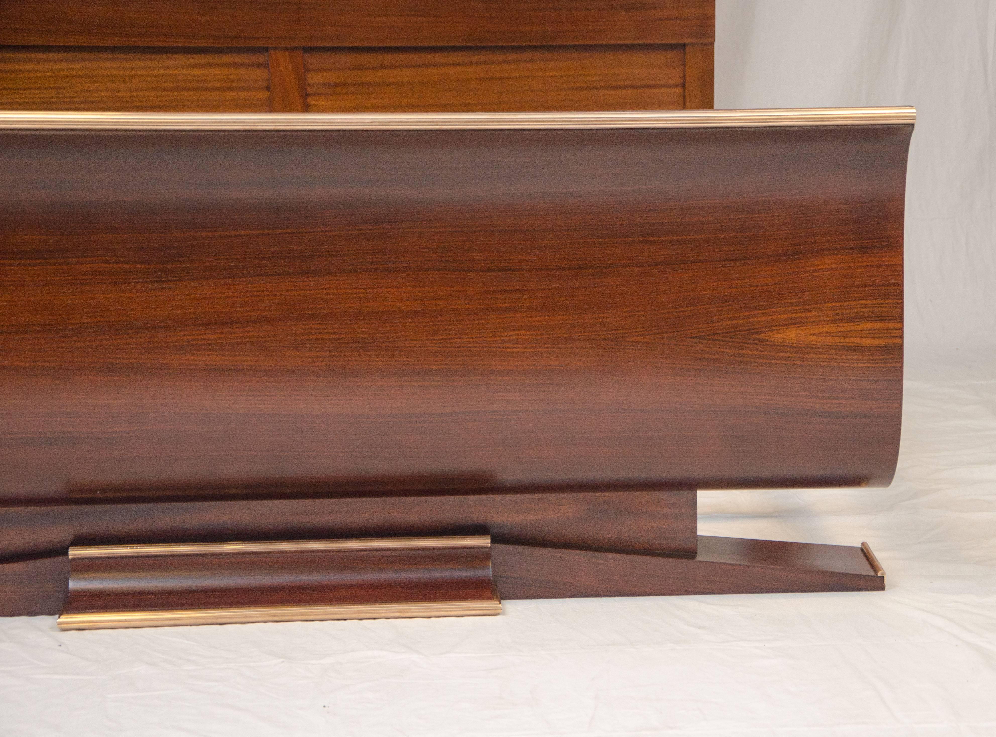 Brass French Art Deco European Queen Size Bed, Rosewood For Sale