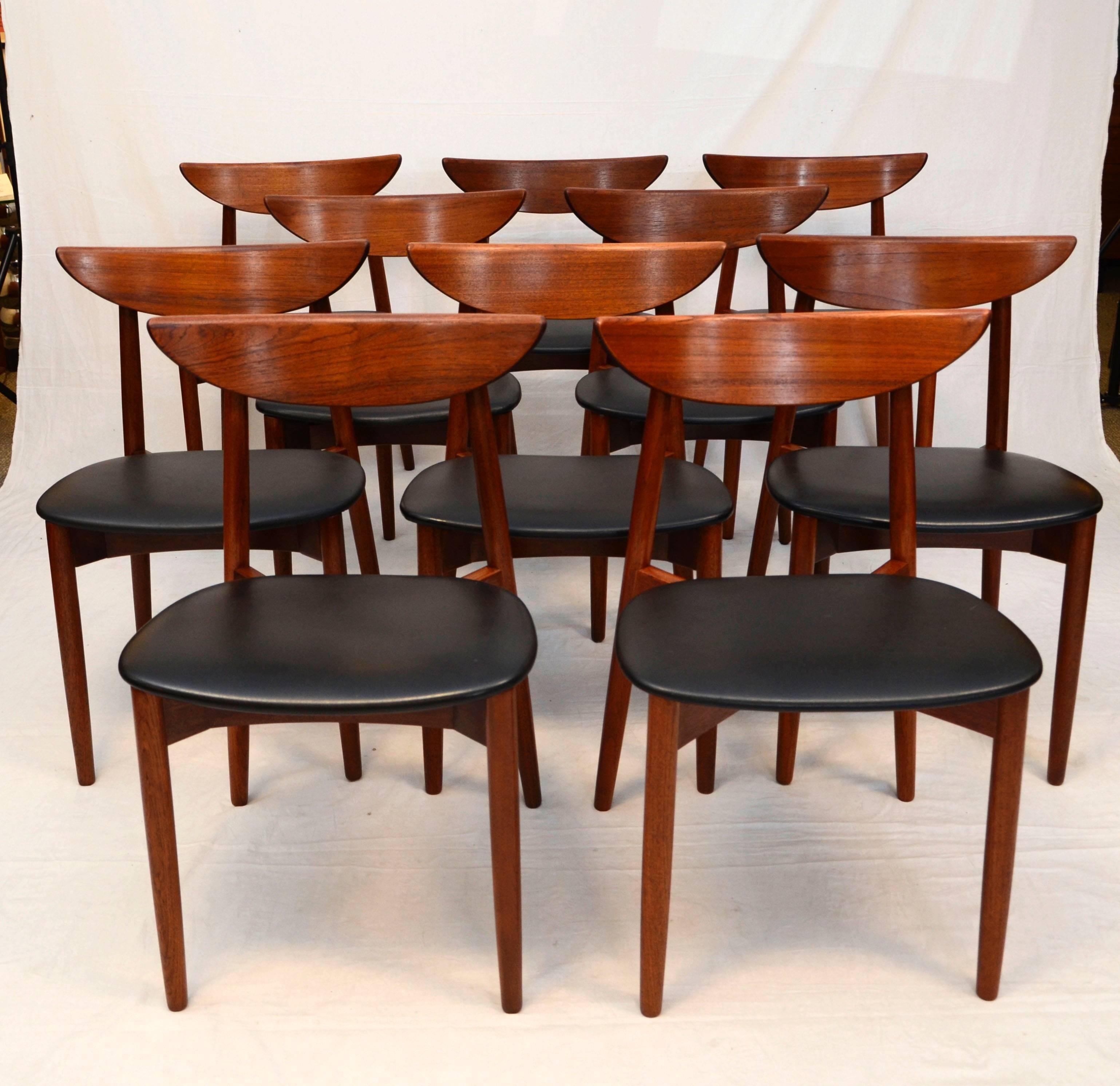 Very stylish set of ten teak dining chairs designed by Harry Ostergaard for Moreddi. Purchased by the previous owner as a set of four and later added six more as a larger table was purchased for a growing family, so the underneath structure on the