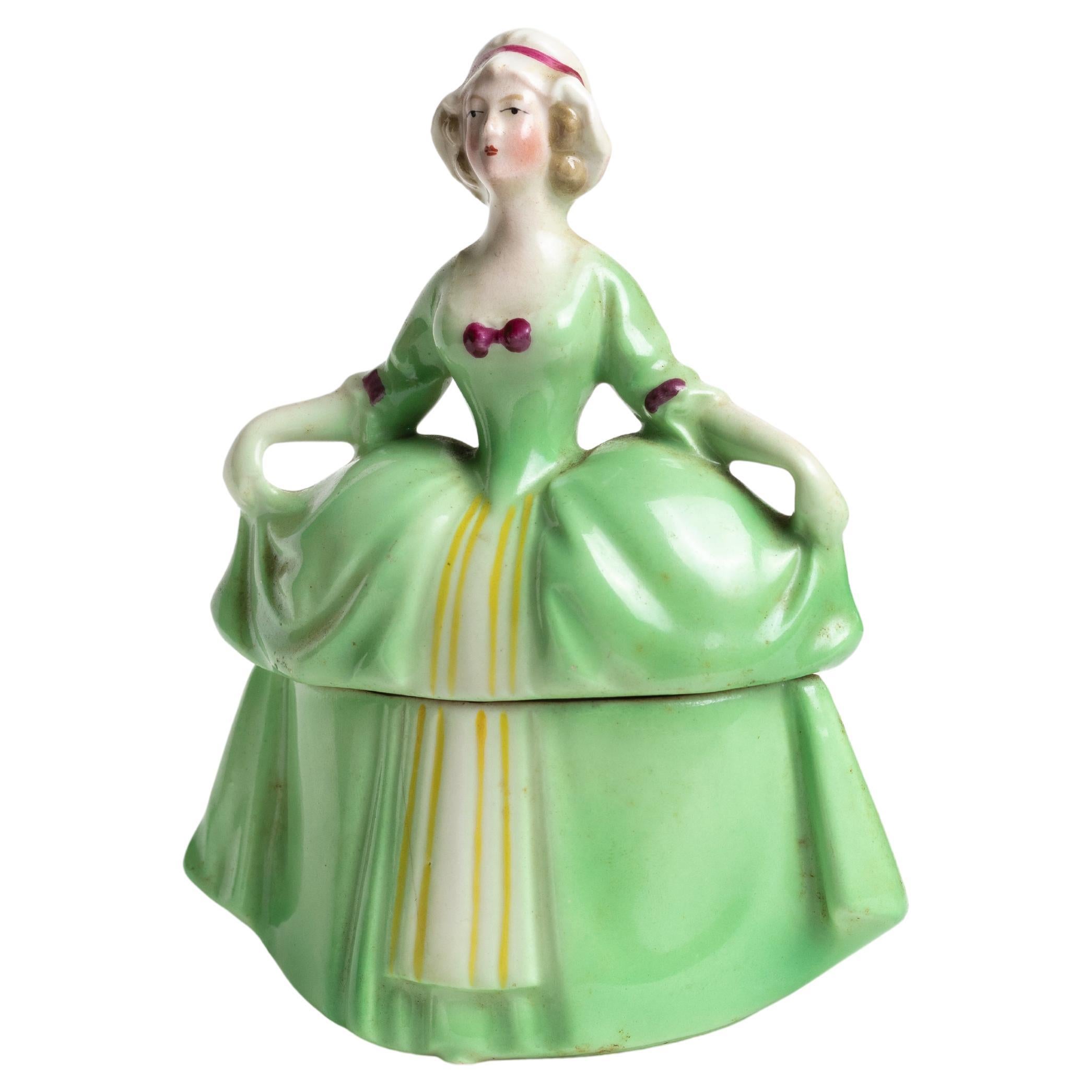 Art Deco Madame Pompadour Green Dress Powder Box Porcelain, 1929 For Sale