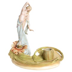 Venus & Water Lily Art Nouveau Porcelain Inkwell by Alois Hampel, 19th Century