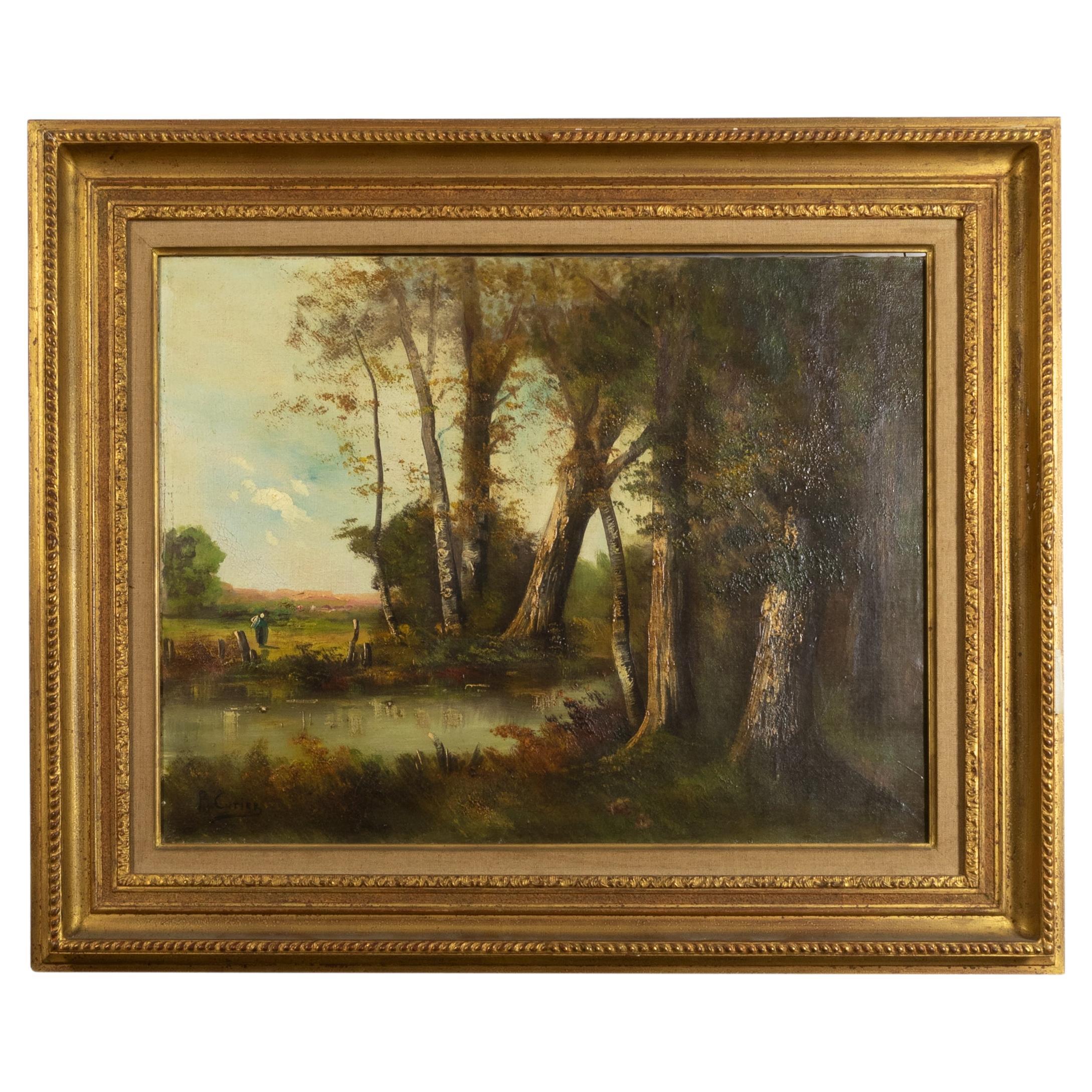 Countryside Landscape Painting, Signed «P Curier», 20th Century   For Sale