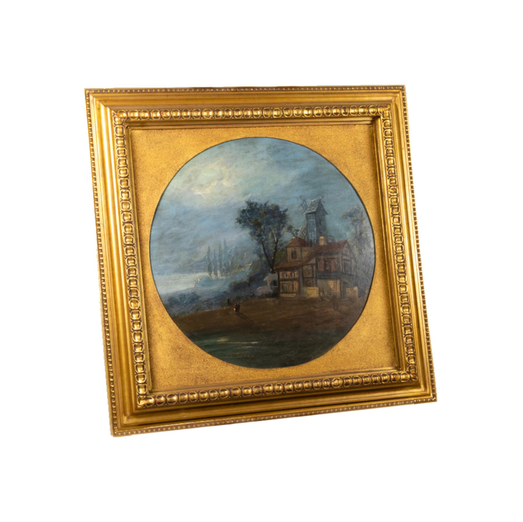 An uncommon round oil on wood painting depicting a Brittany nocturne landscape, featuring a mill and two couples walking around in the dark with lanterns.
Frame 84.5 x 84 cm 
Diameter painting 58 cm