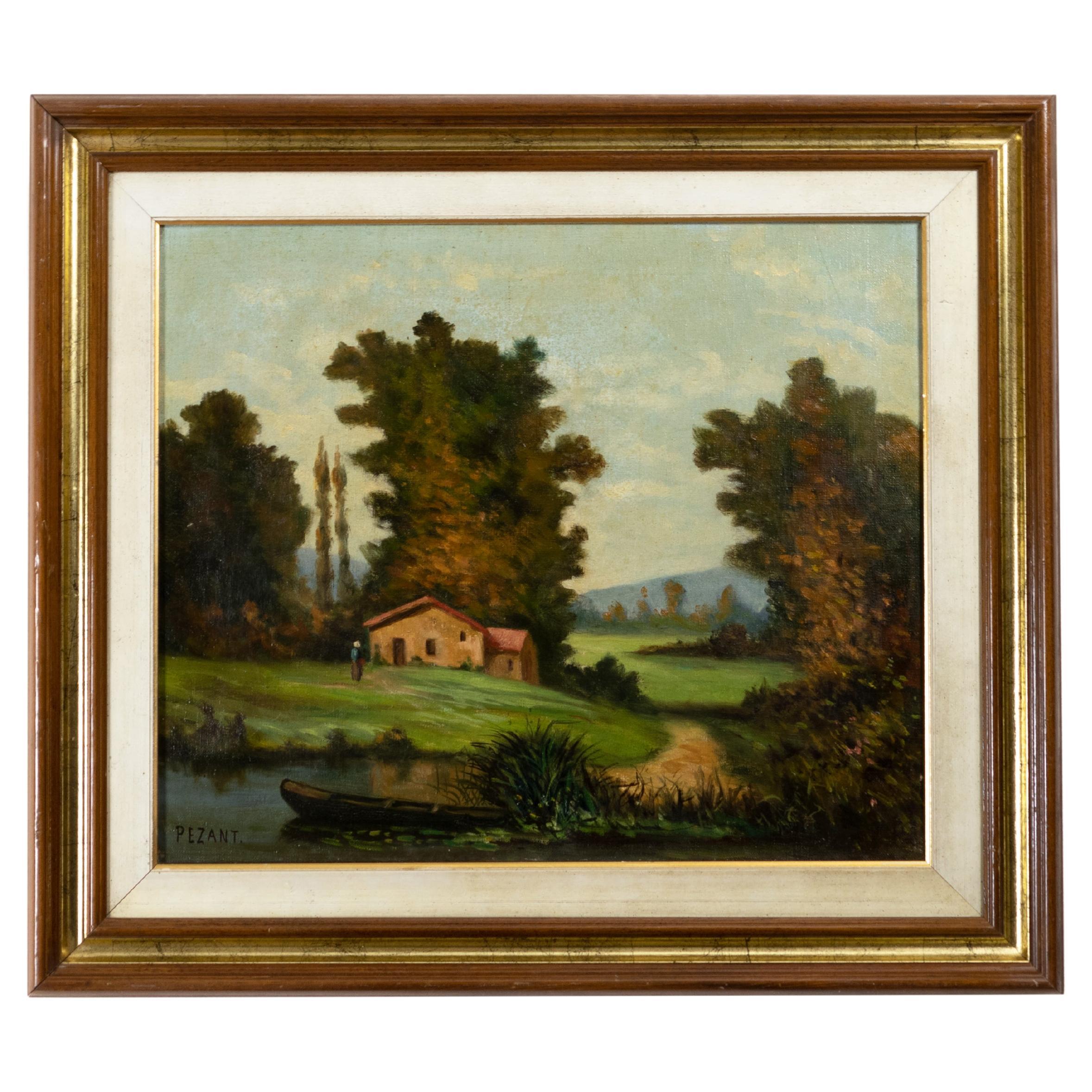 French Countryside River Painting, Early 20th Century For Sale