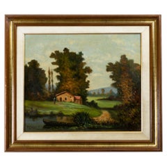 French Countryside River Painting, Early 20th Century