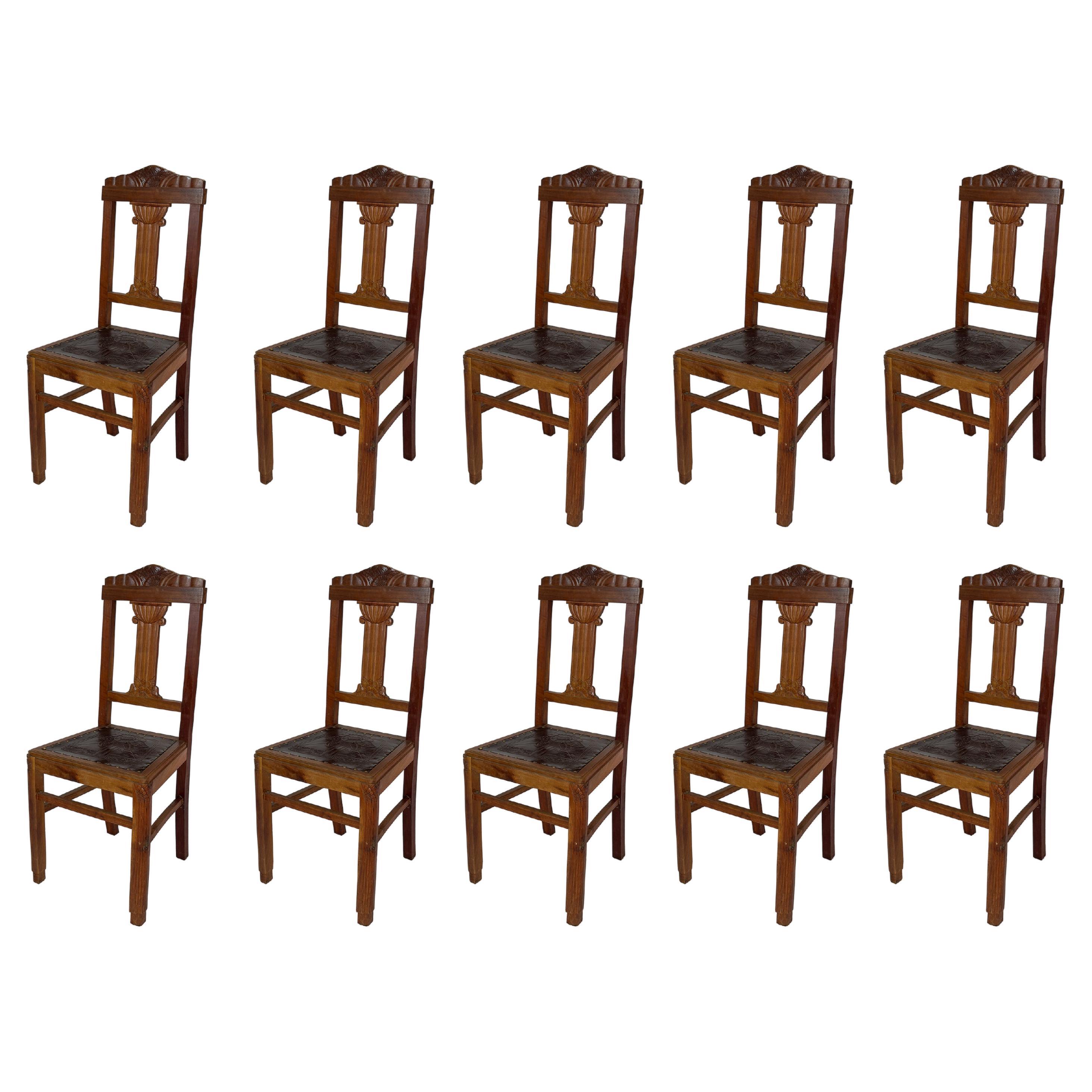 Juego de 10 Sillas de Cuero, Art Decó Siglo XX
