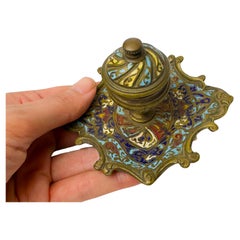 French Champlevé Enamel Inkwell, Napoleon III, 19th Century