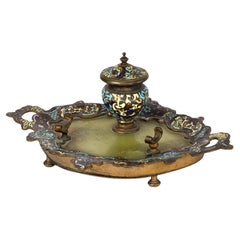 Champlevé Enamel Inkwell on Tray, Napoleon III, 19th Century, France