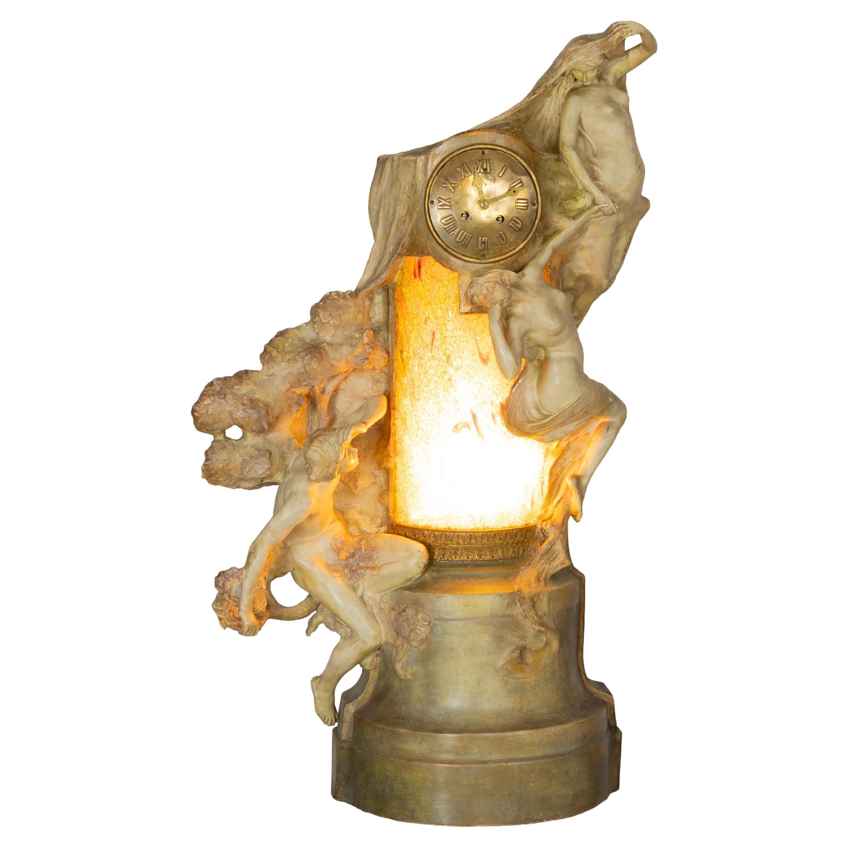Art Nouveau Terracotta Clock And Light With Muses, Goldscheider, 19th Century