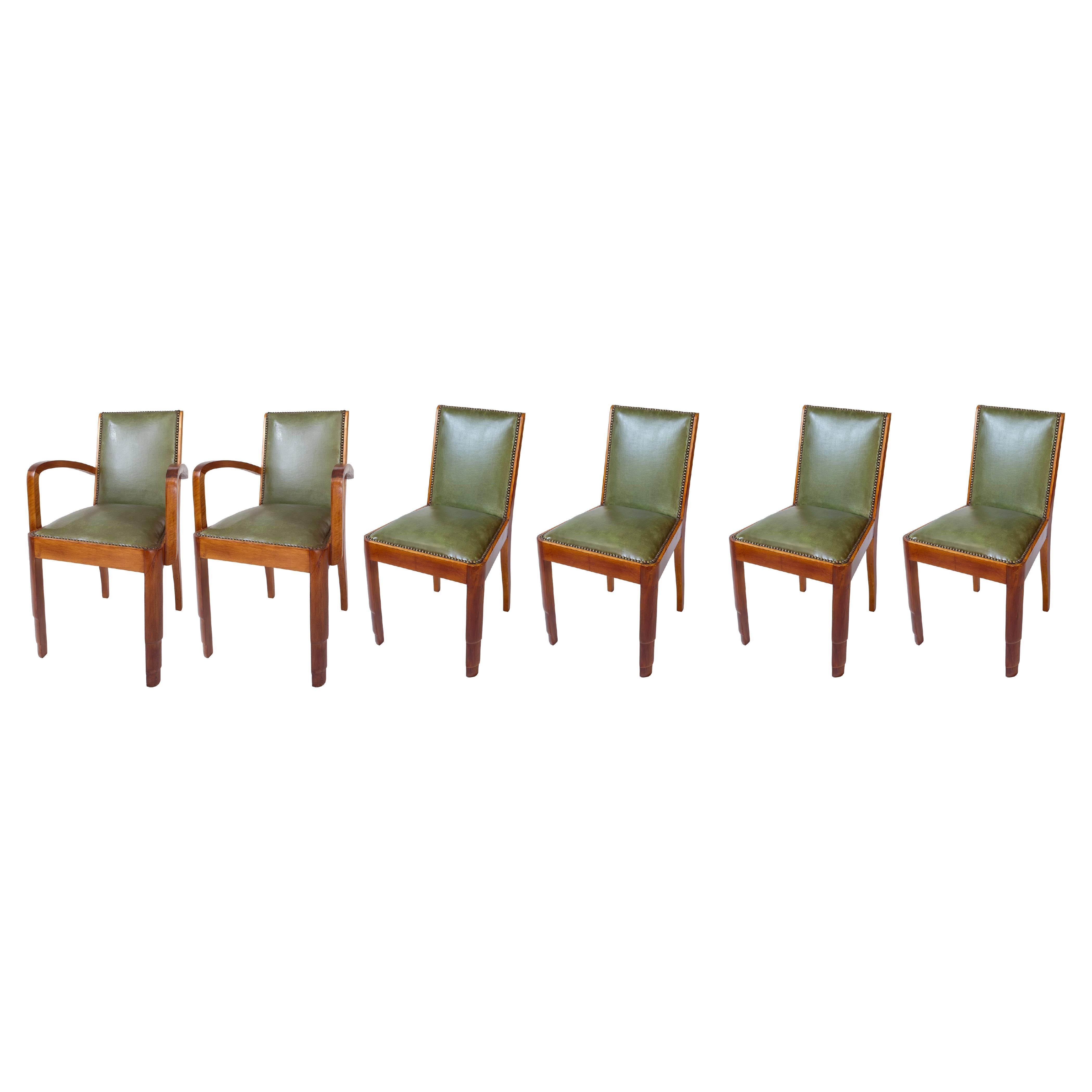 Set of Six Art Deco Green Dining Chairs, 20th Century
