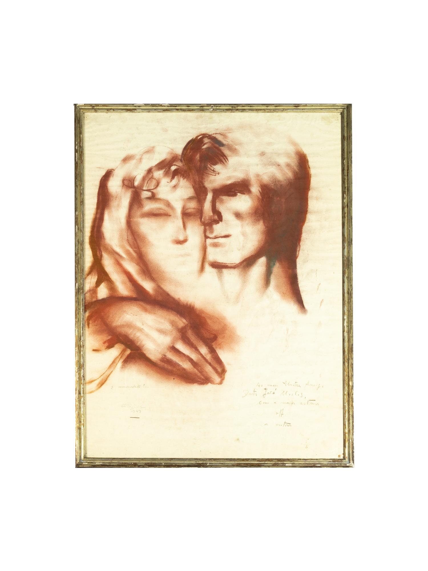 Die Liebesszene eines Paares.
Ein Gemälde aus Pastell und Kohle auf Papier. 
1949 